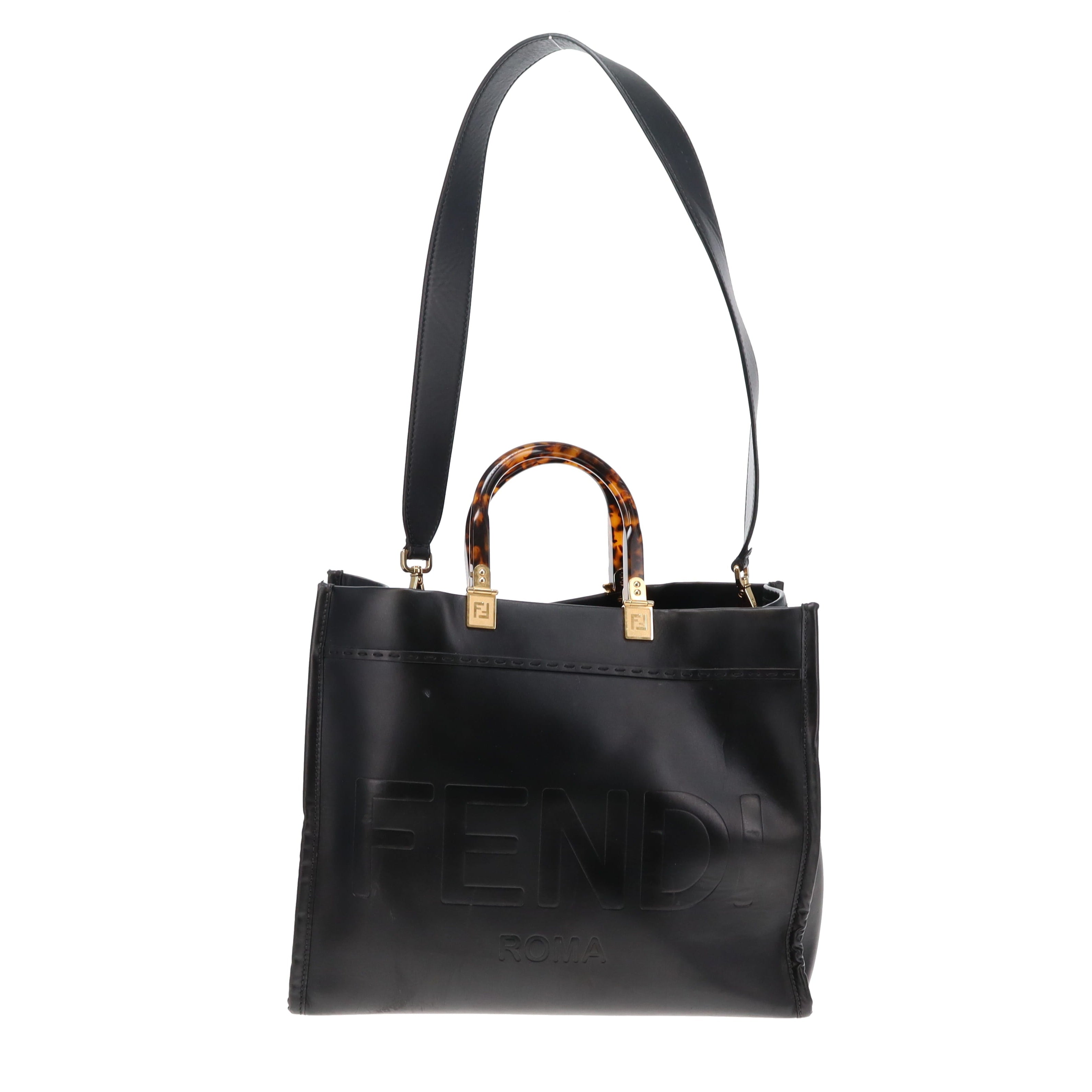Fendi Black Calfskin Medium Sunshine Tote with Strap