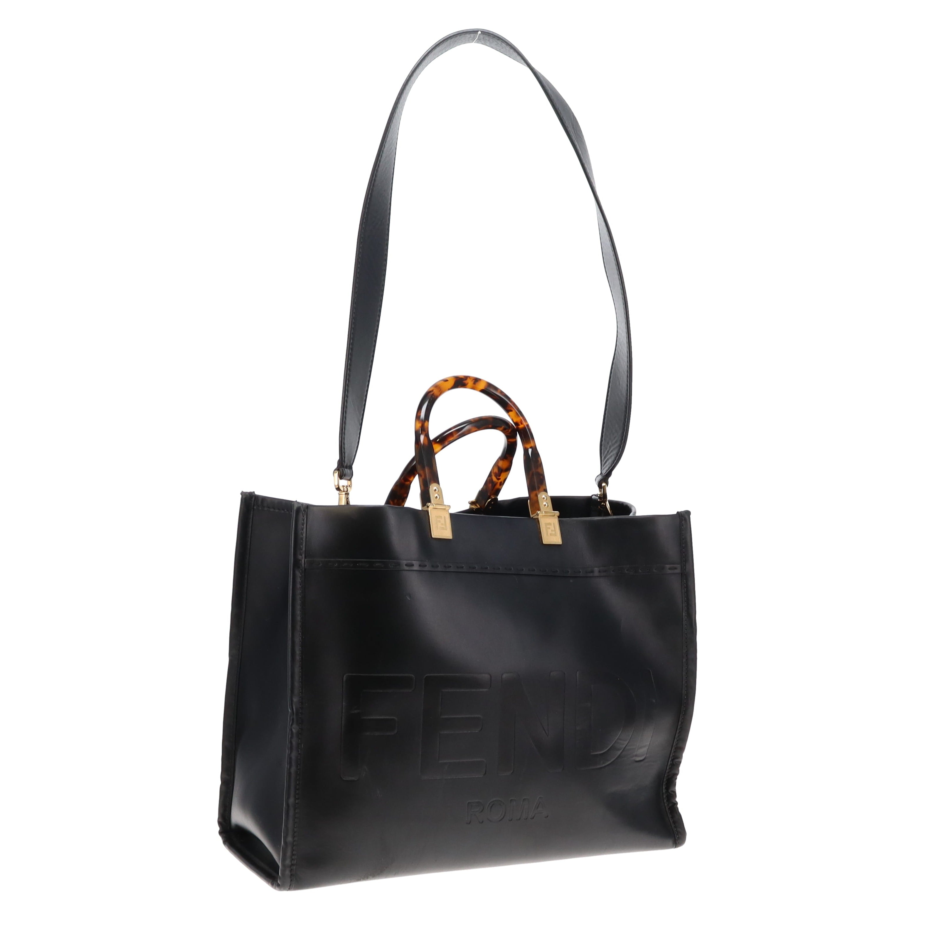 Fendi Black Calfskin Medium Sunshine Tote with Strap