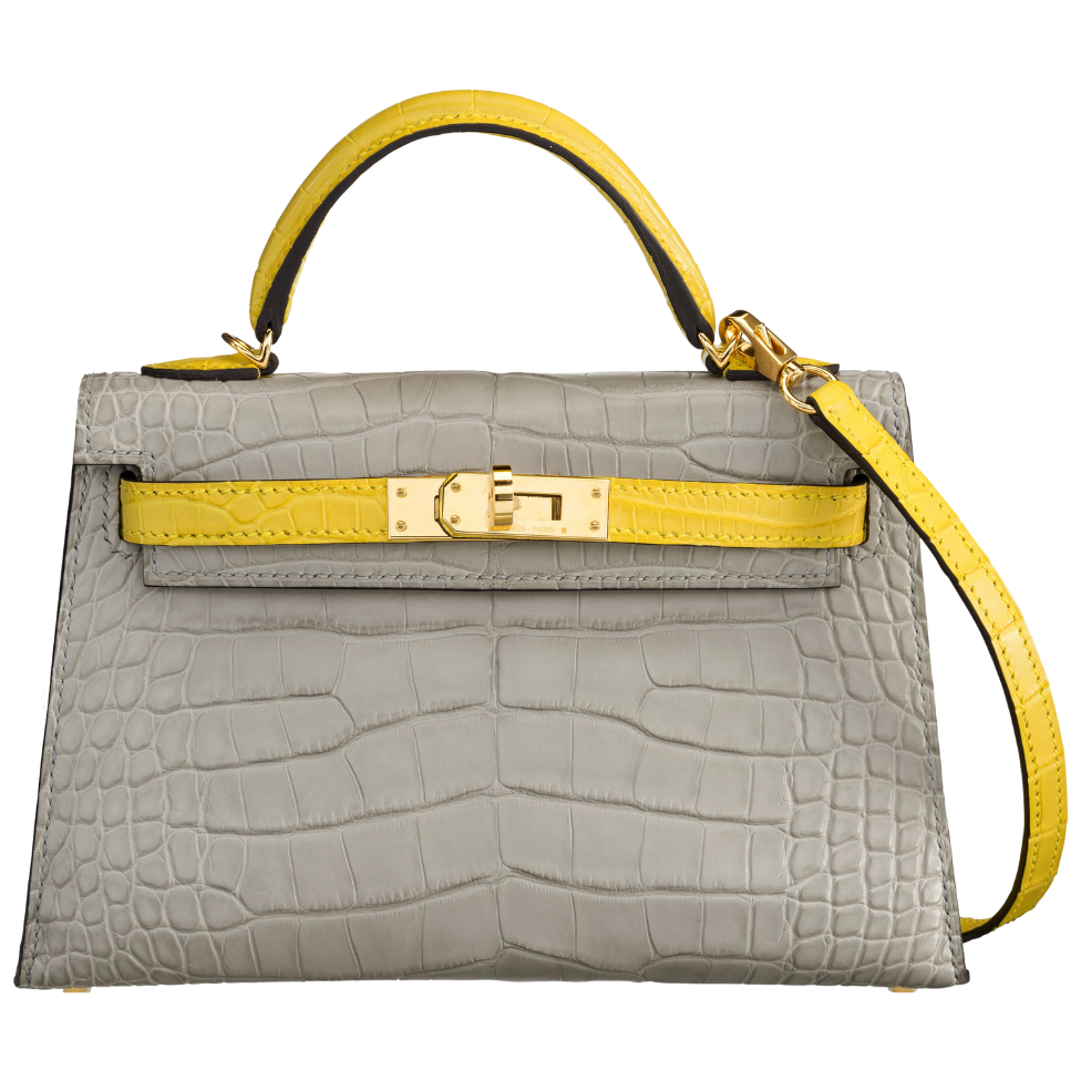 Hermès Kelly Mini 20 Gris Perle Jaune Citron Matte Alligator GHW HSS Bag