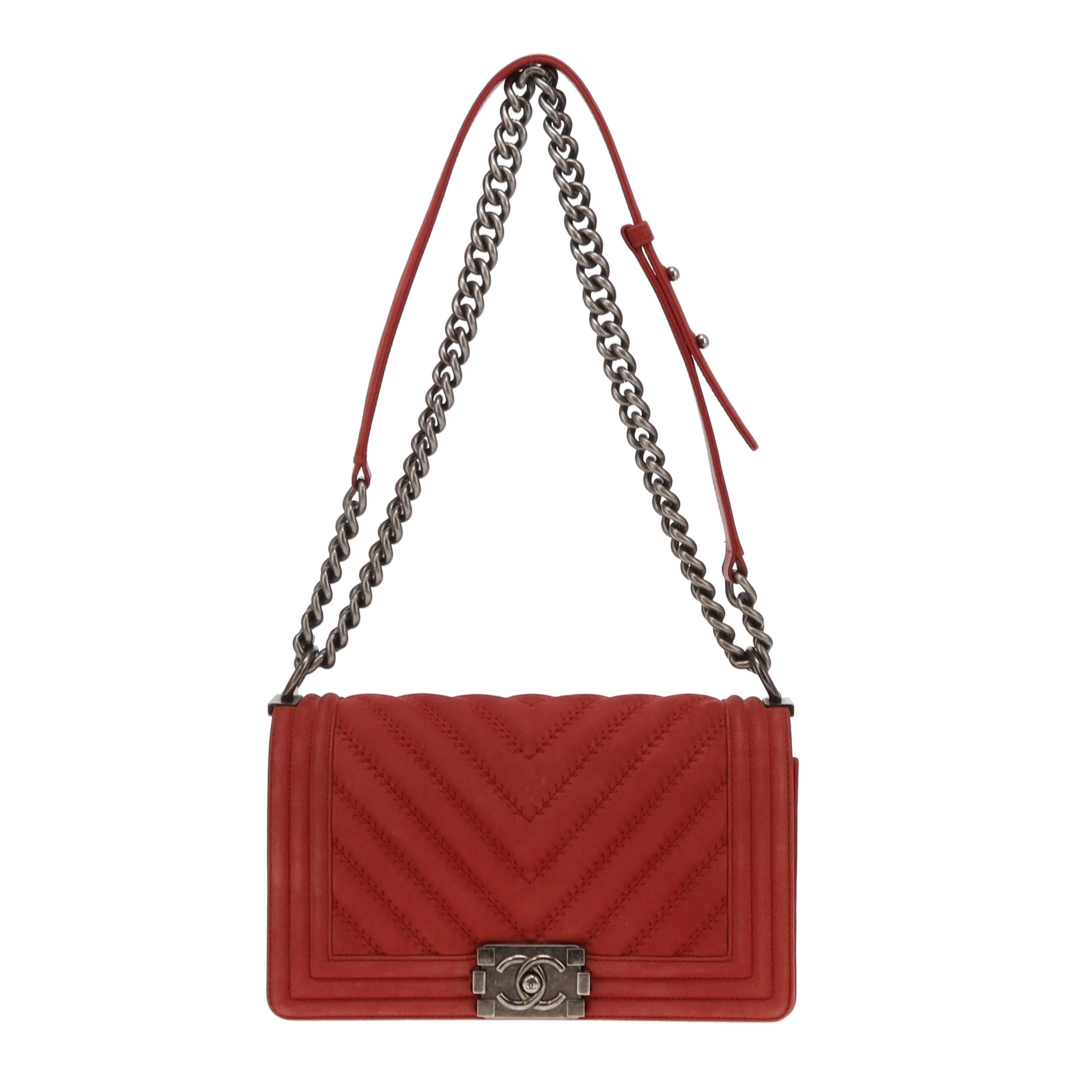 Chanel Red Chevron Nubuck Medium Boy Bag 2017