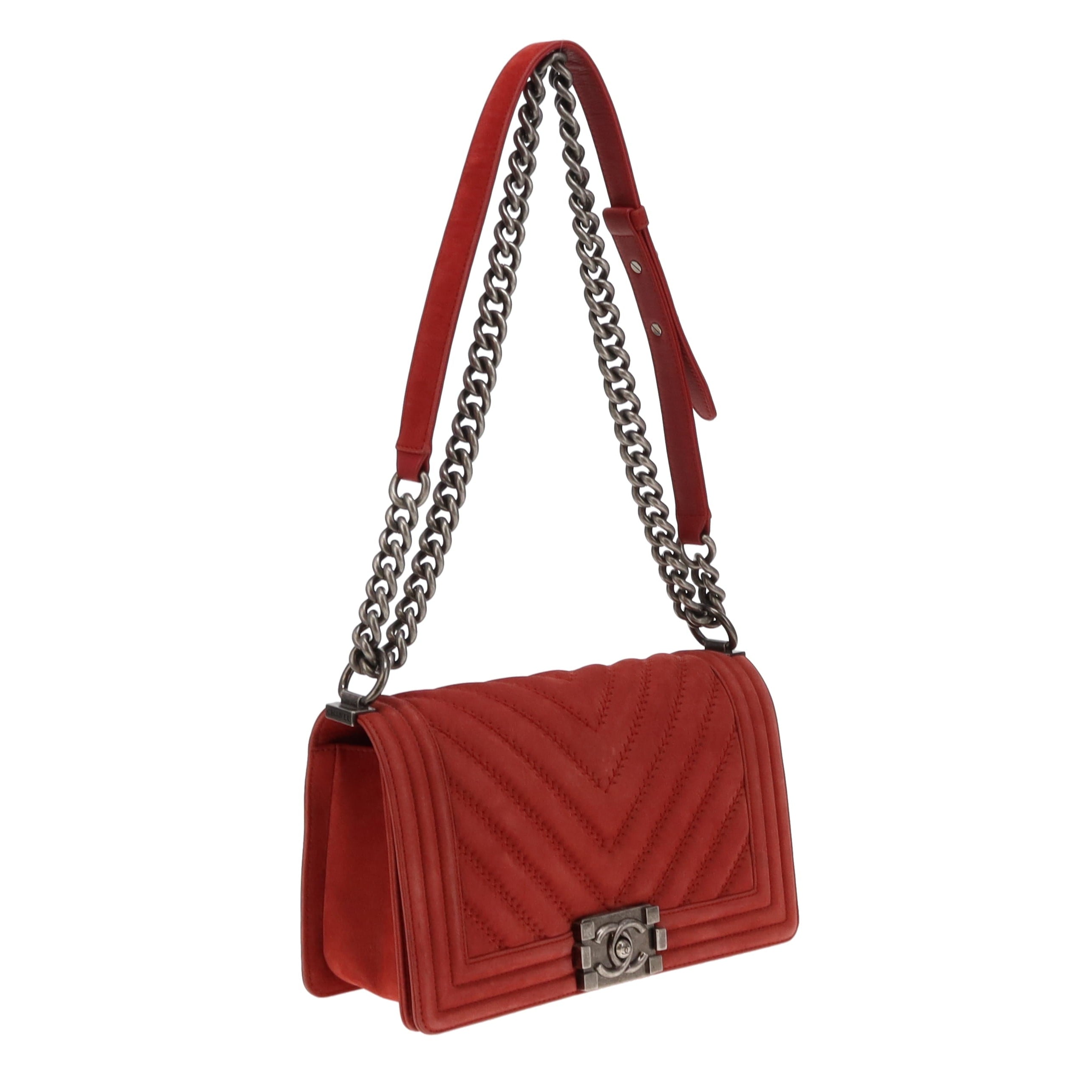 Chanel Red Chevron Nubuck Medium Boy Bag 2017
