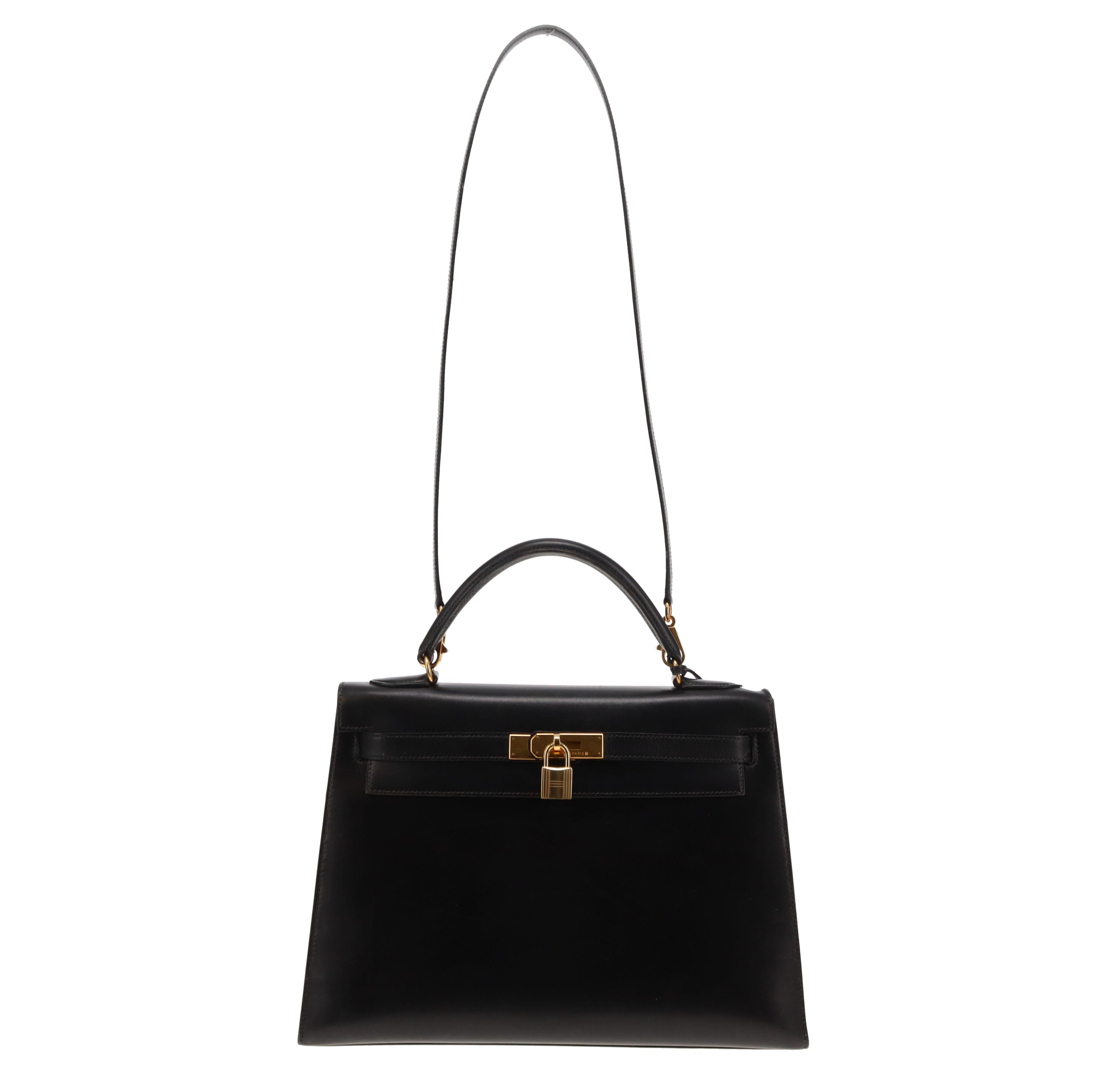 Hermes Black Box Leather GHW Vintage Kelly 32 1994