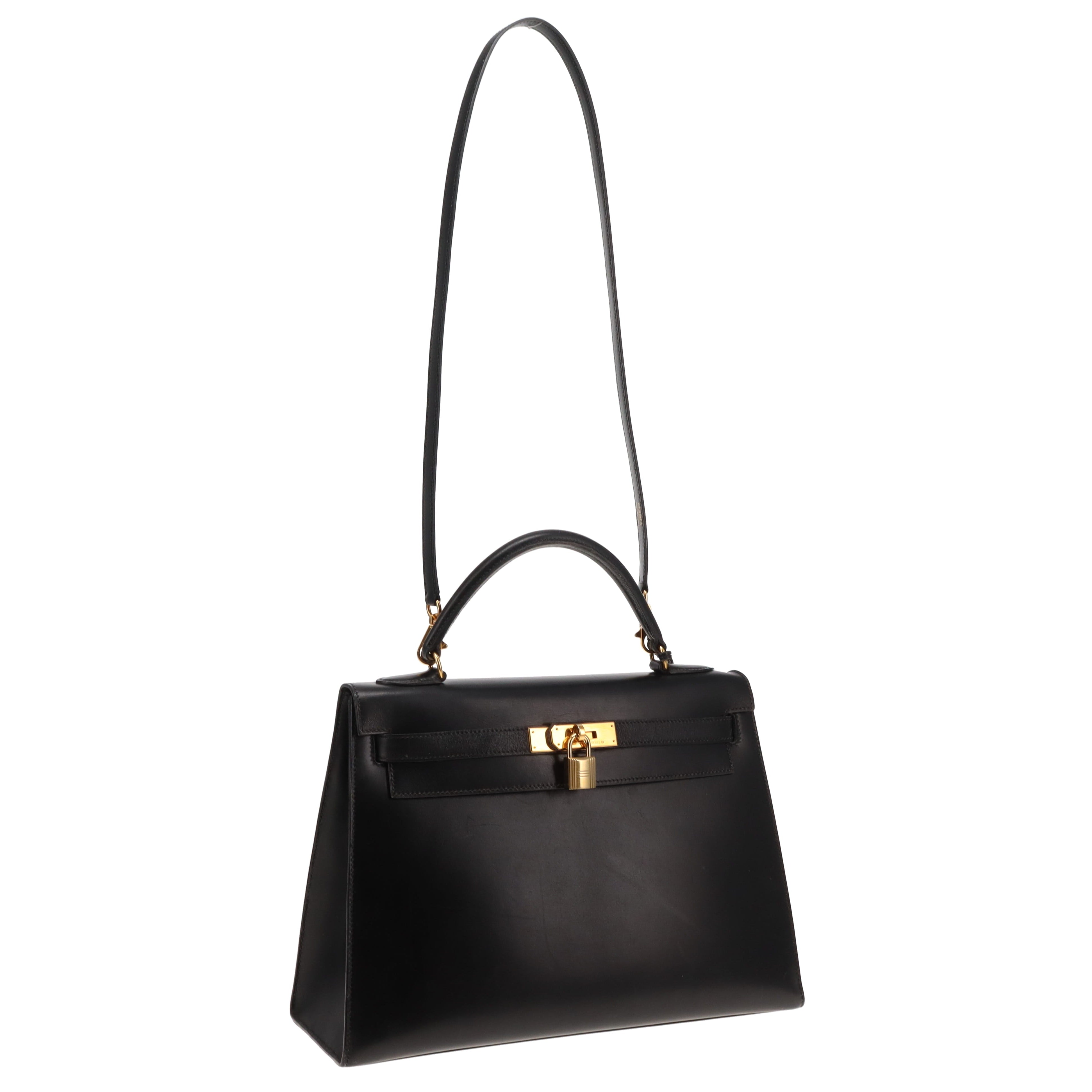 Hermes Black Box Leather GHW Vintage Kelly 32 1994