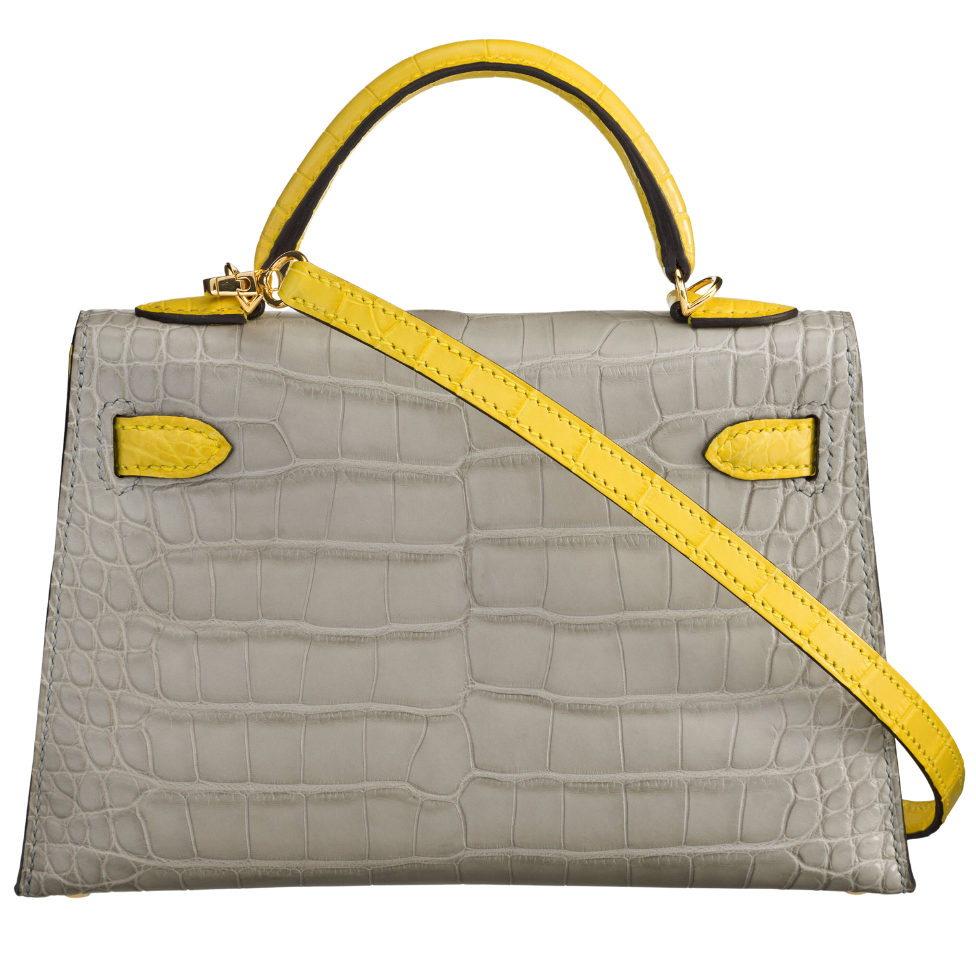 Hermès Kelly Mini 20 Gris Perle Jaune Citron Matte Alligator GHW HSS Bag