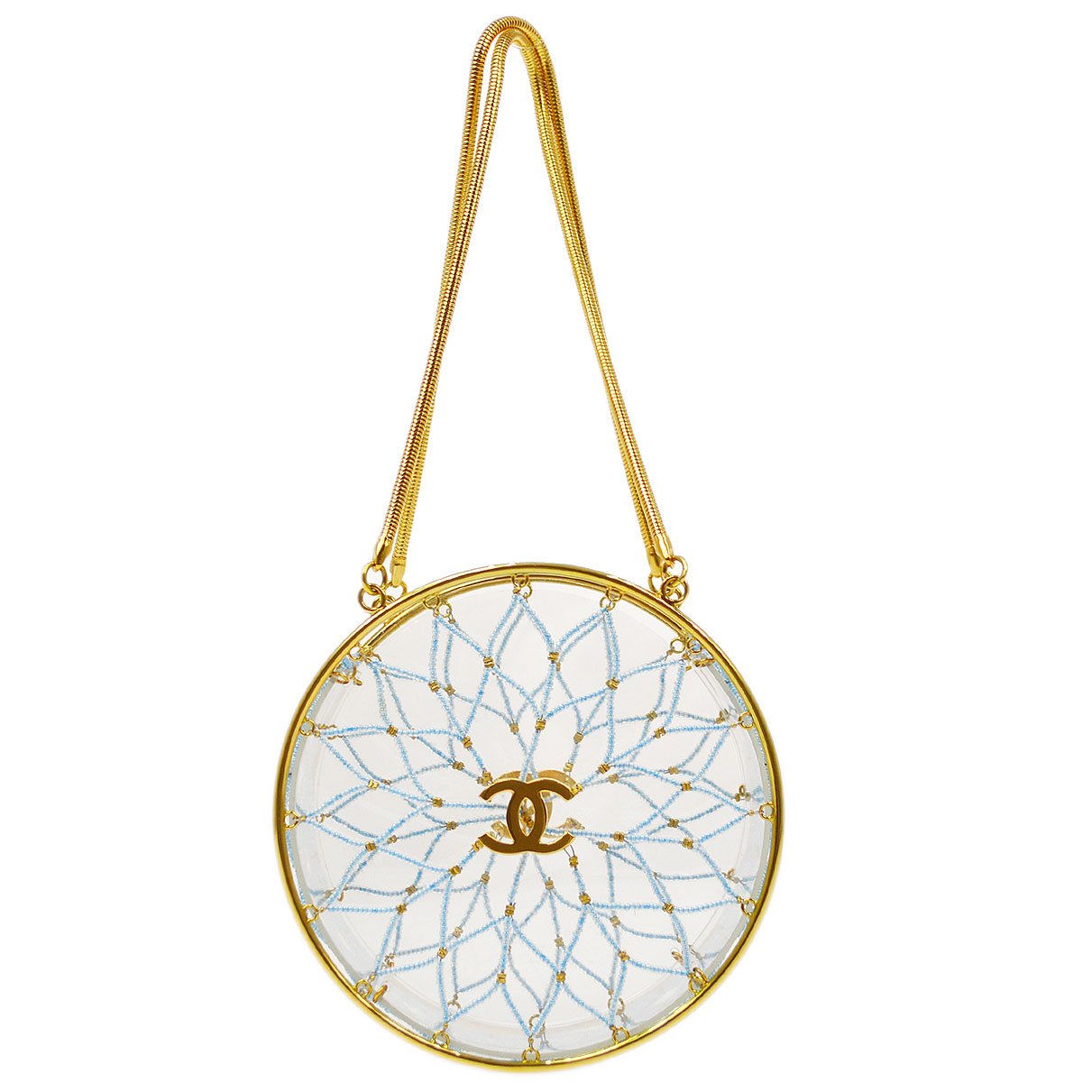 CHANEL 1990s Minaudiere Dreamcatcher Beaded Gold Transparent Round Circle Bag