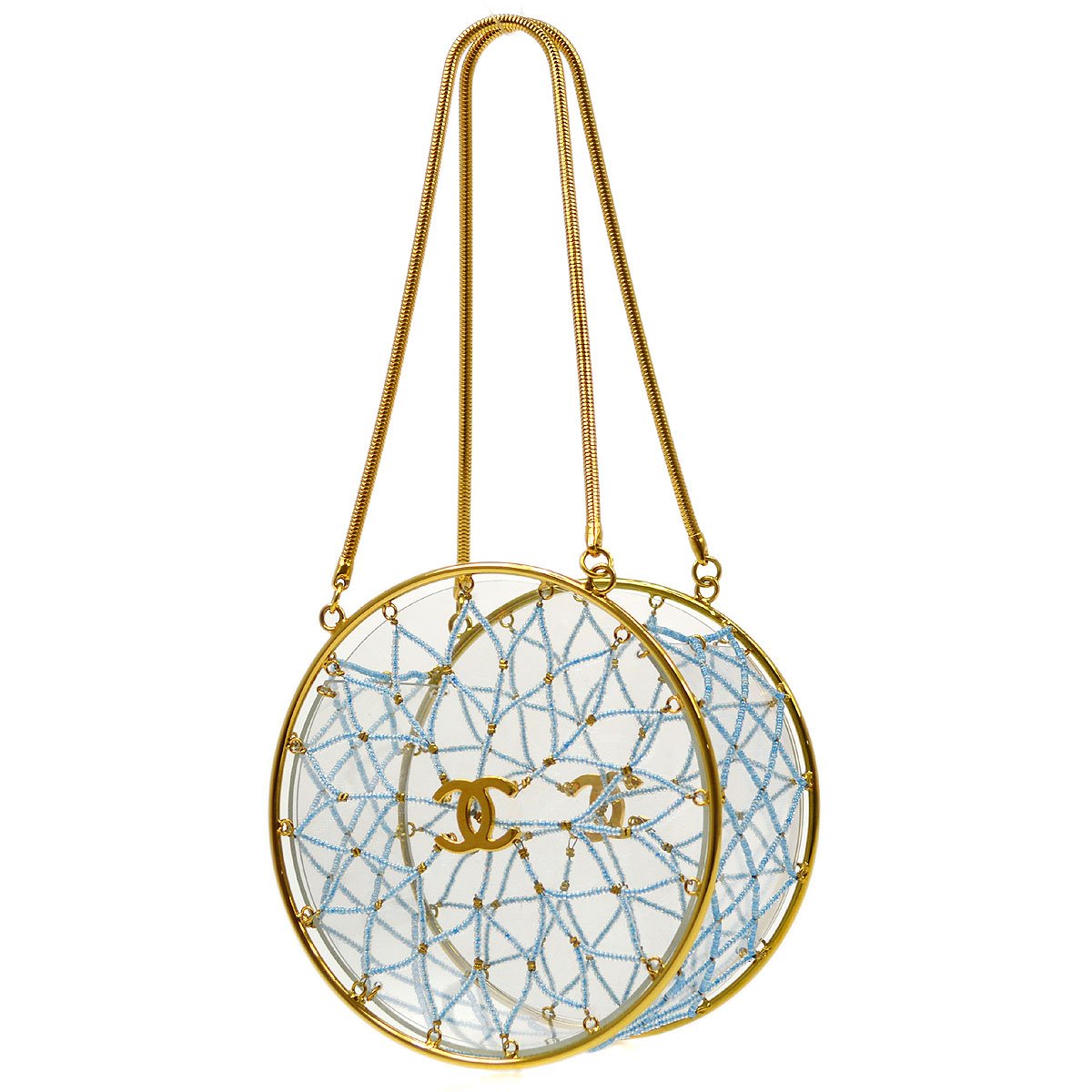 CHANEL 1990s Minaudiere Dreamcatcher Beaded Gold Transparent Round Circle Bag