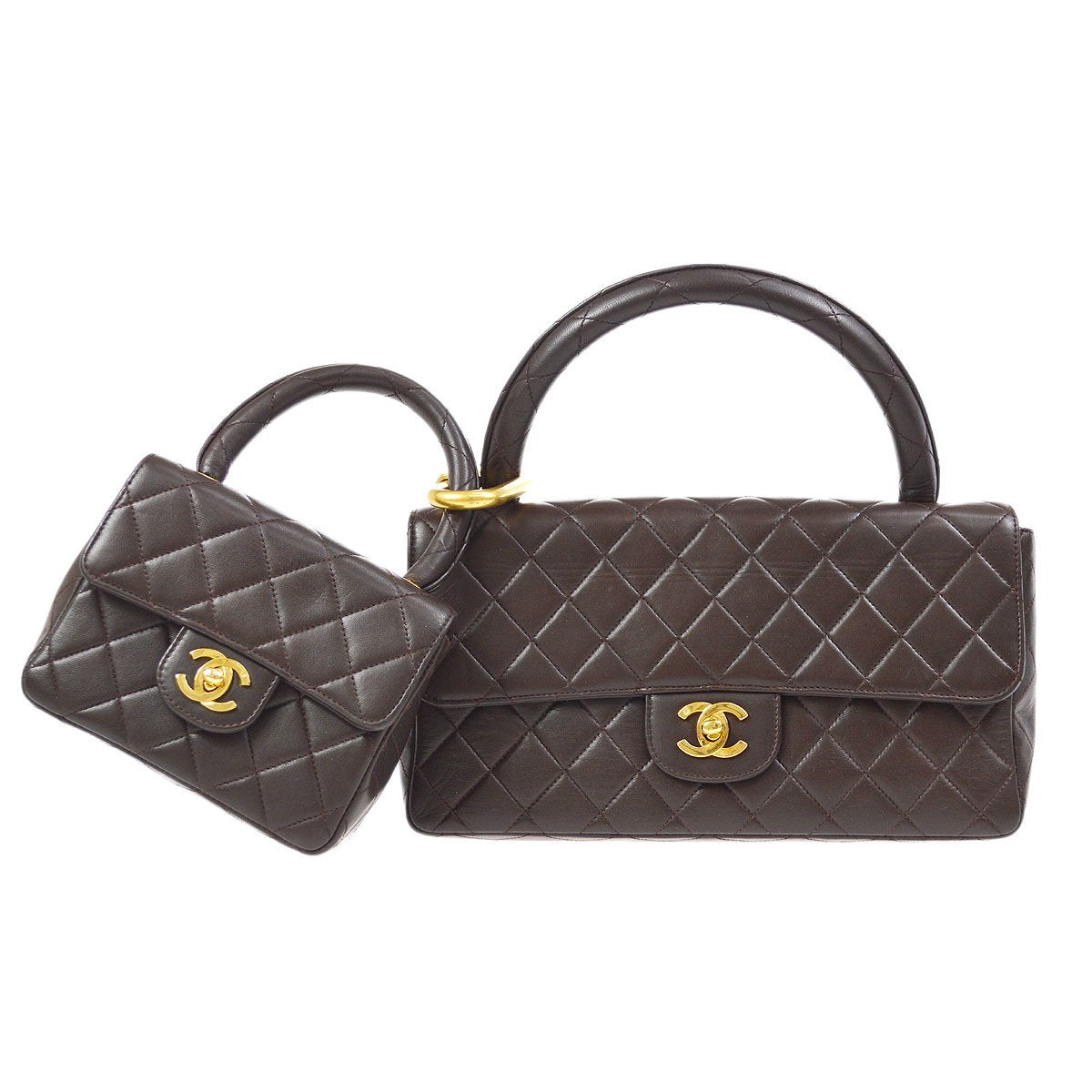 Chanel 1994 Classic Flap Handbag Set Brown Lambskin