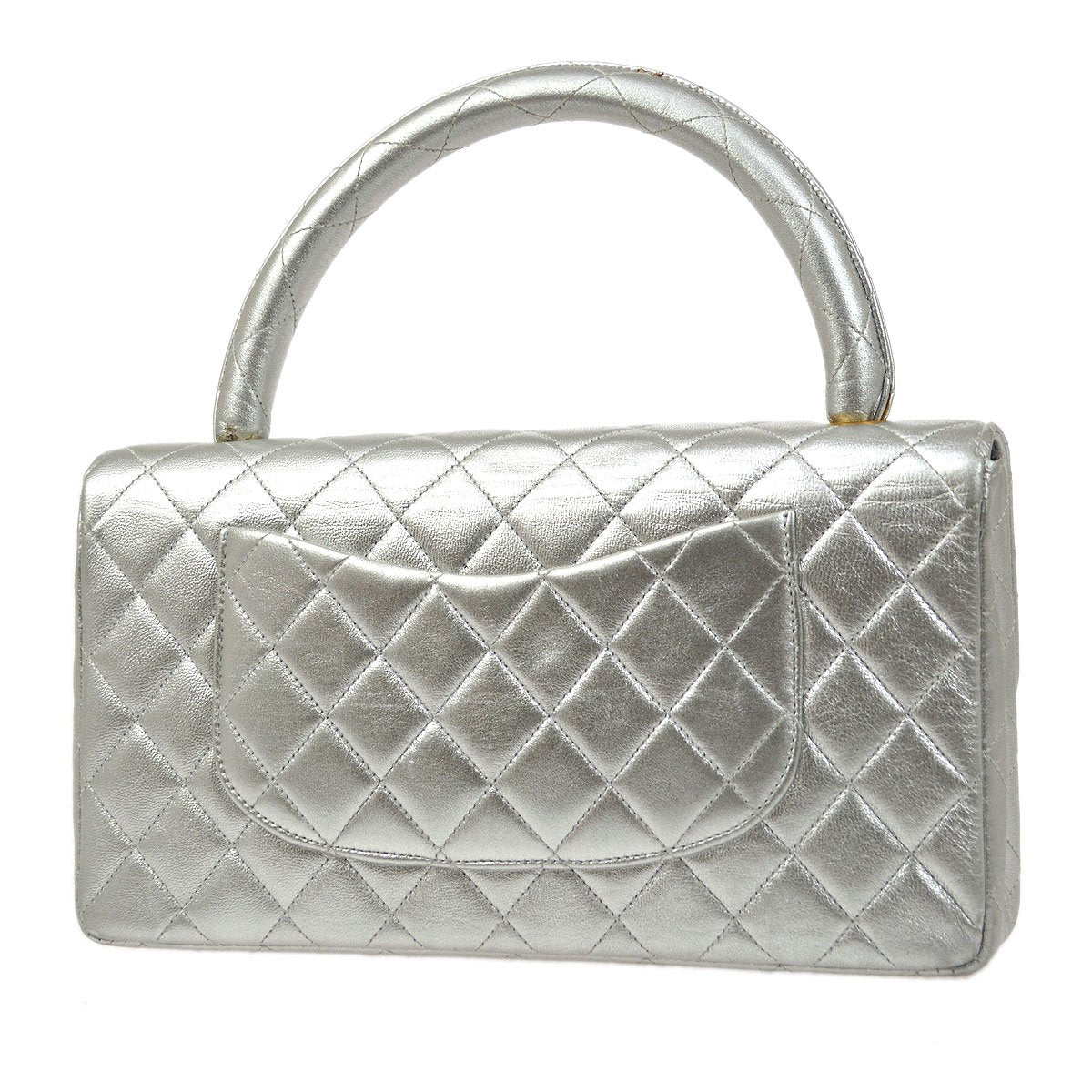 CHANEL 1994 Silver Lambskin Quilted Top Handle Bag
