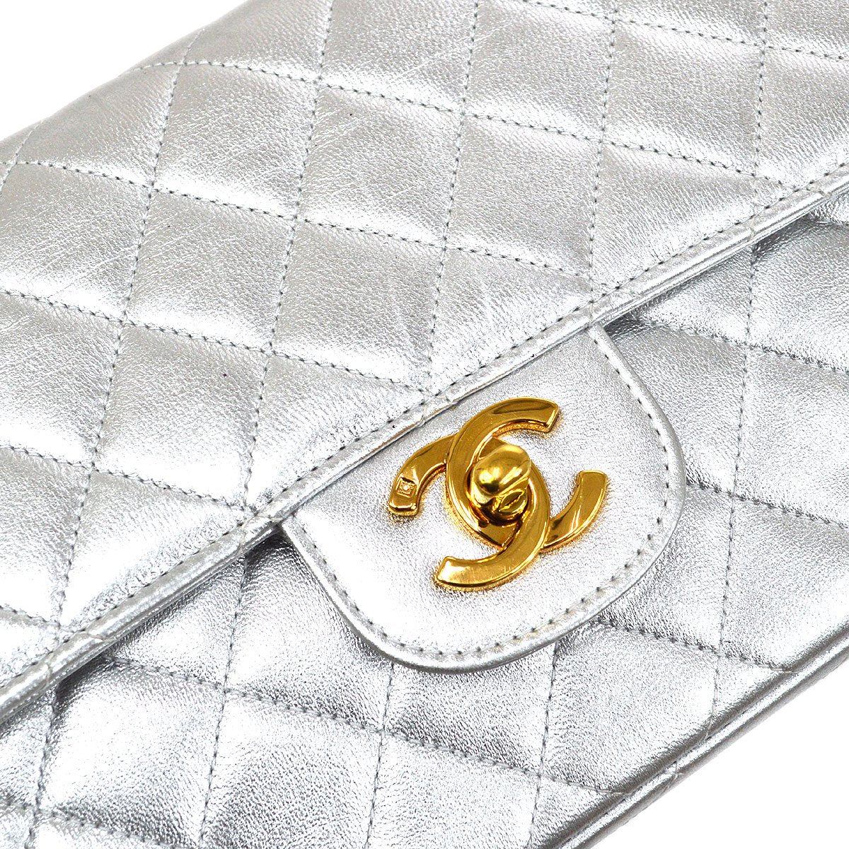 CHANEL 1994 Silver Lambskin Quilted Top Handle Bag