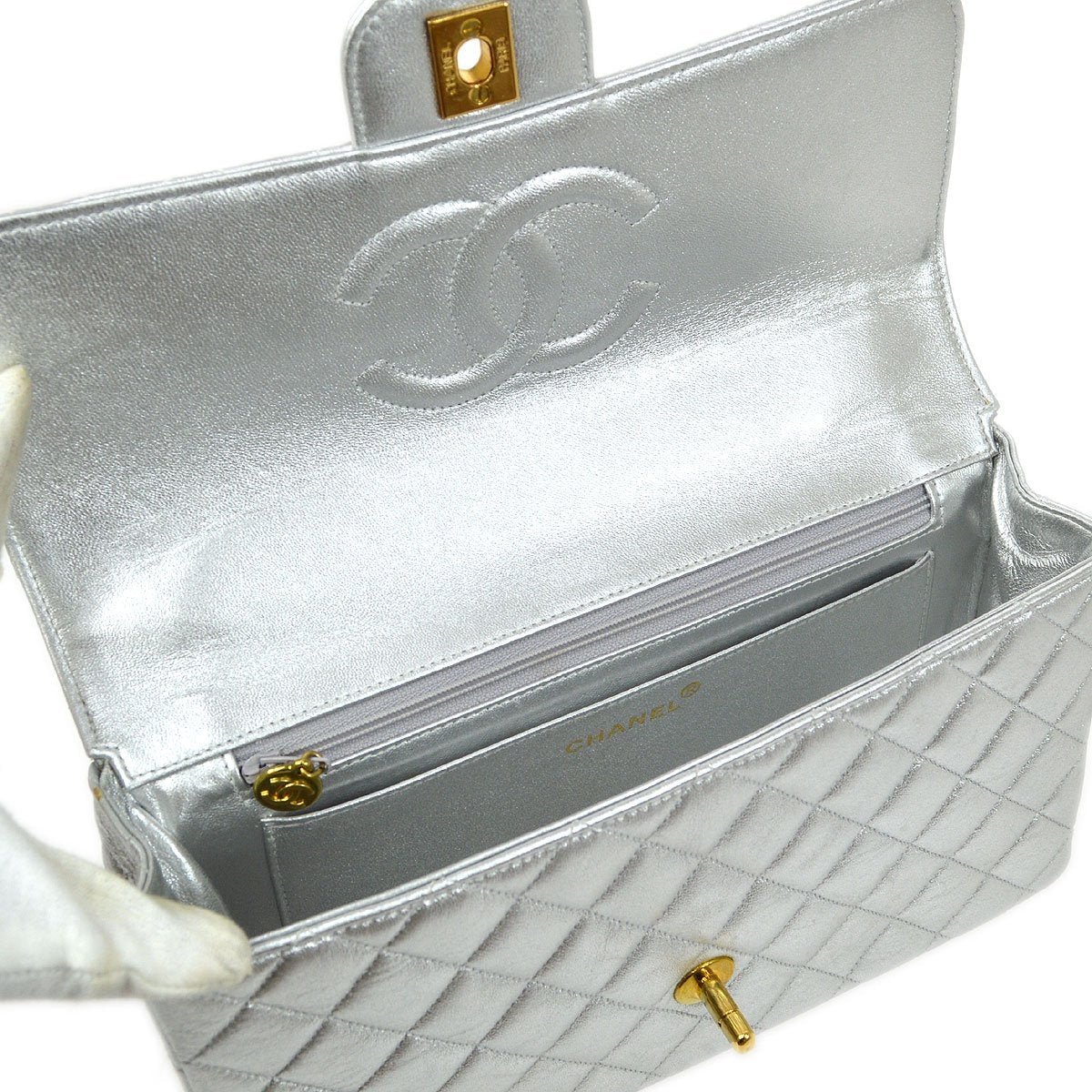 CHANEL 1994 Silver Lambskin Quilted Top Handle Bag