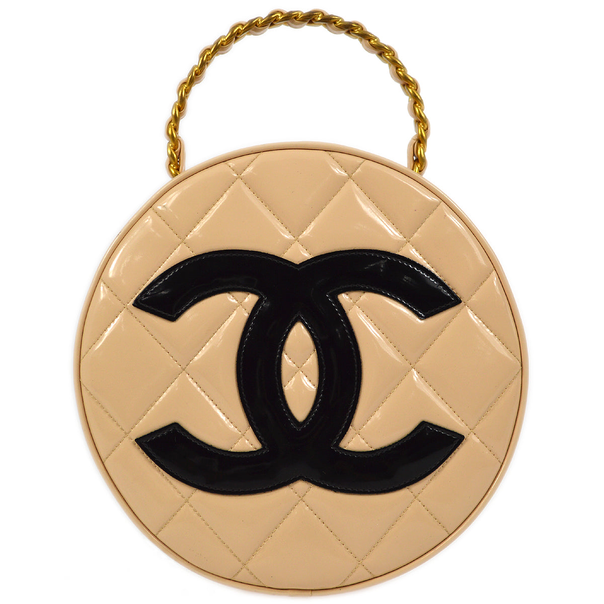 Chanel Beige Patent Leather Round Vanity Handbag