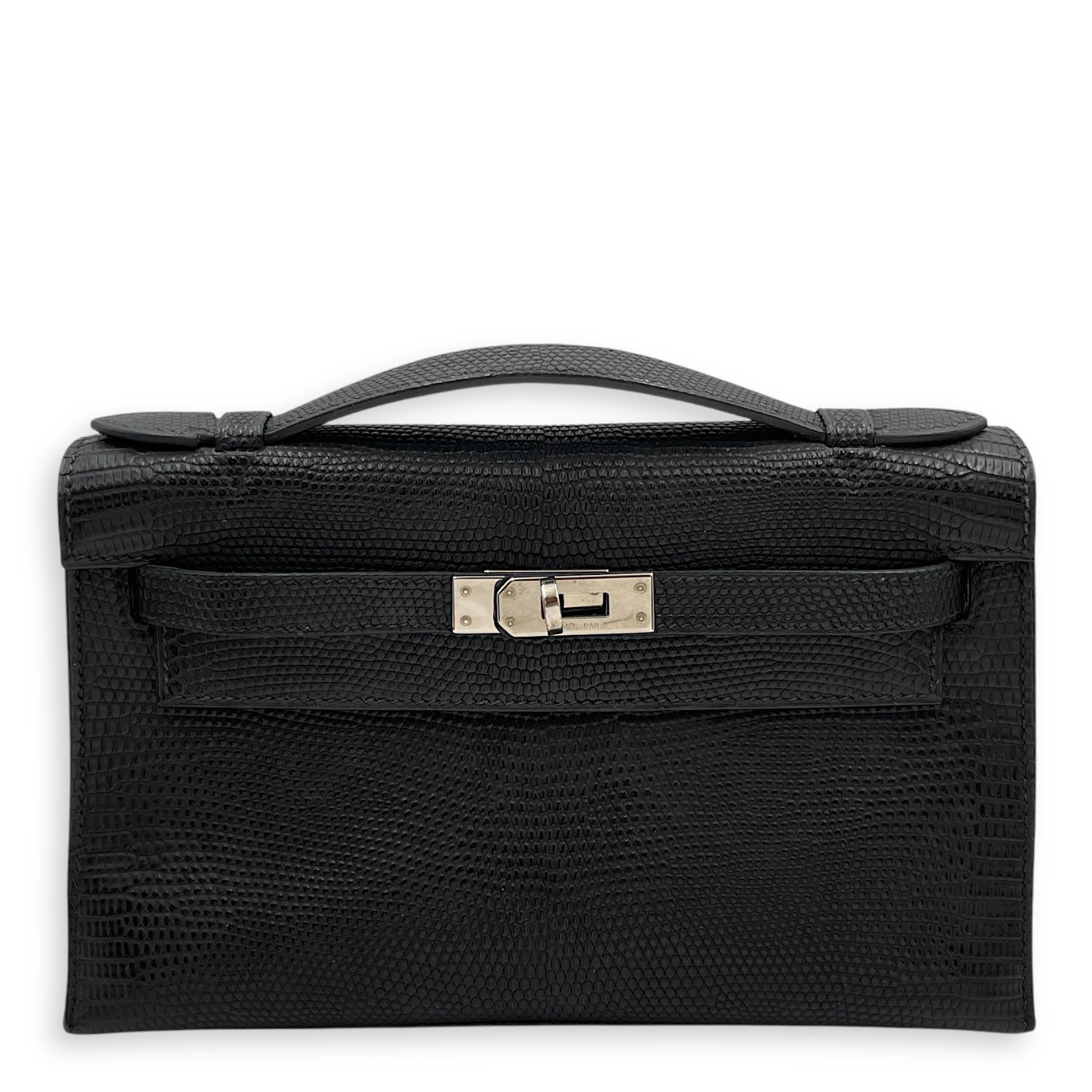 Kelly Pochette Black in Lizard Varanus Salvator, Palladium hardware
