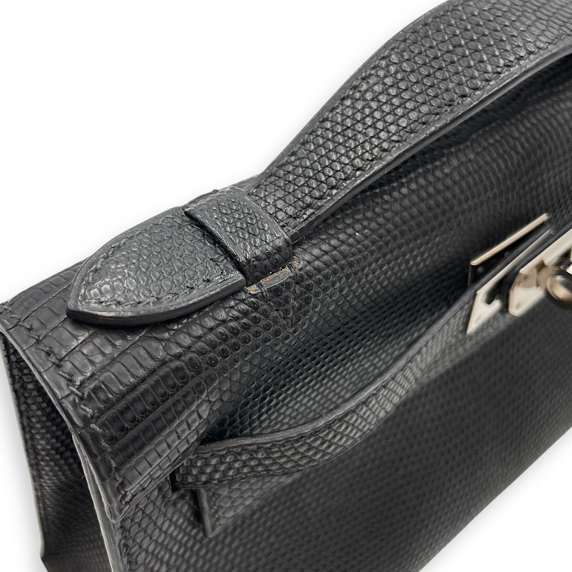 Kelly Pochette Black in Lizard Varanus Salvator, Palladium hardware