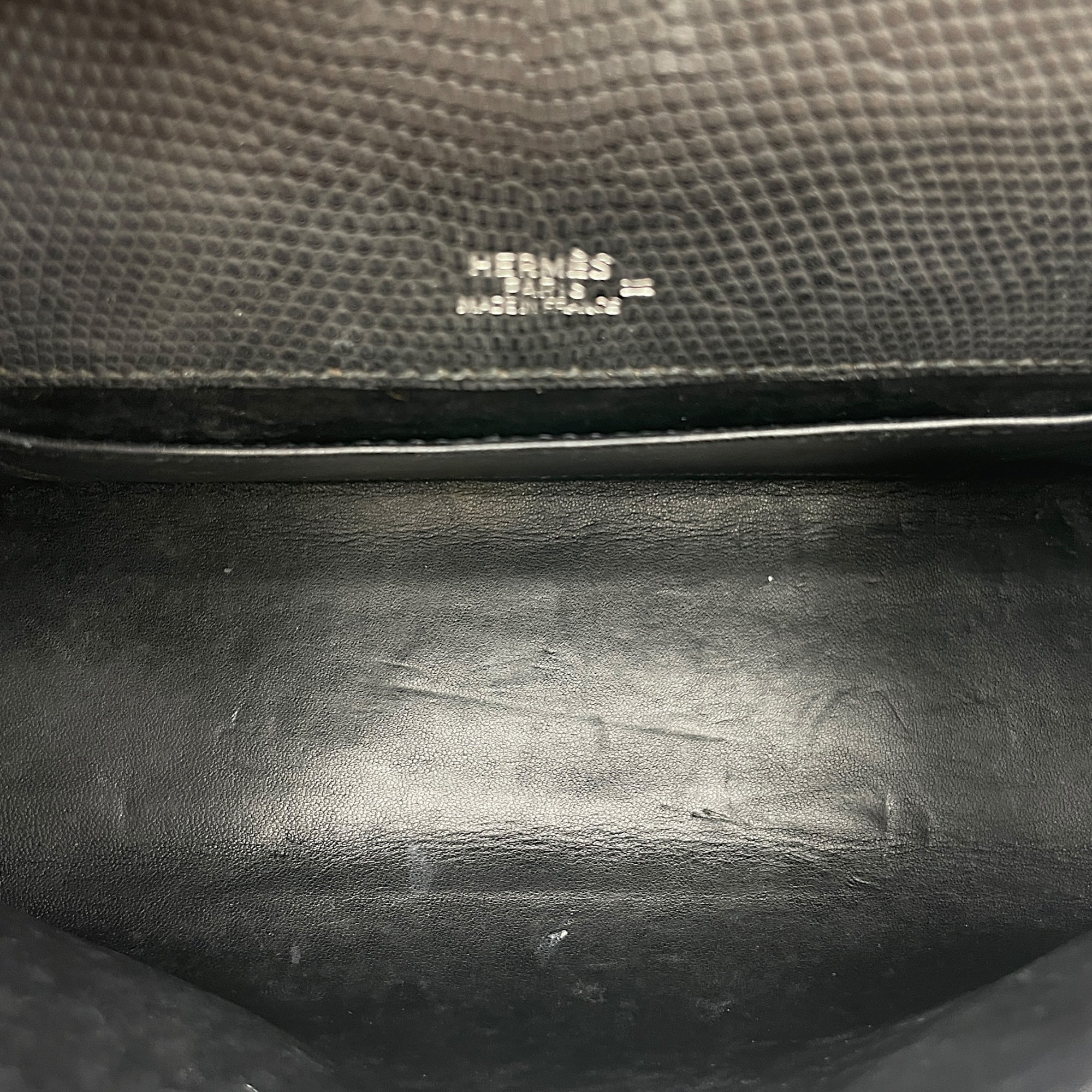 Kelly Pochette Black in Lizard Varanus Salvator, Palladium hardware