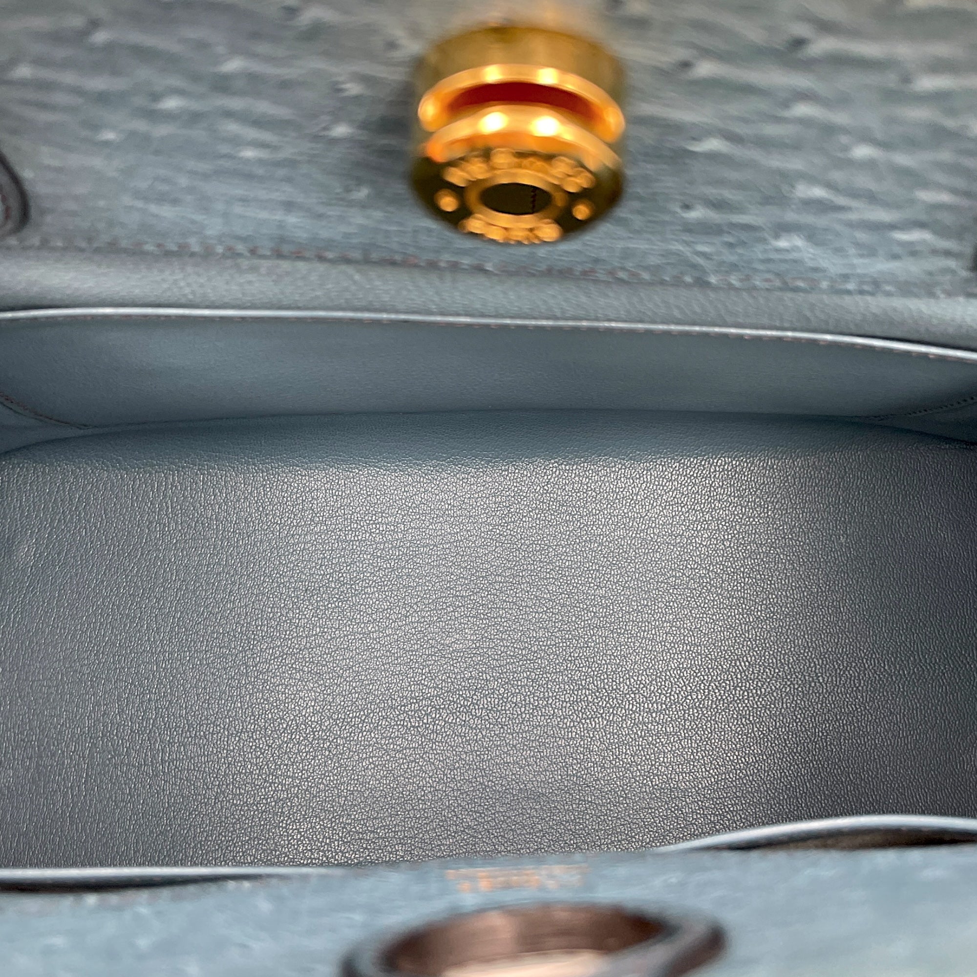 Dalvy 30 Blue Jean in Ostrich, Gold hardware