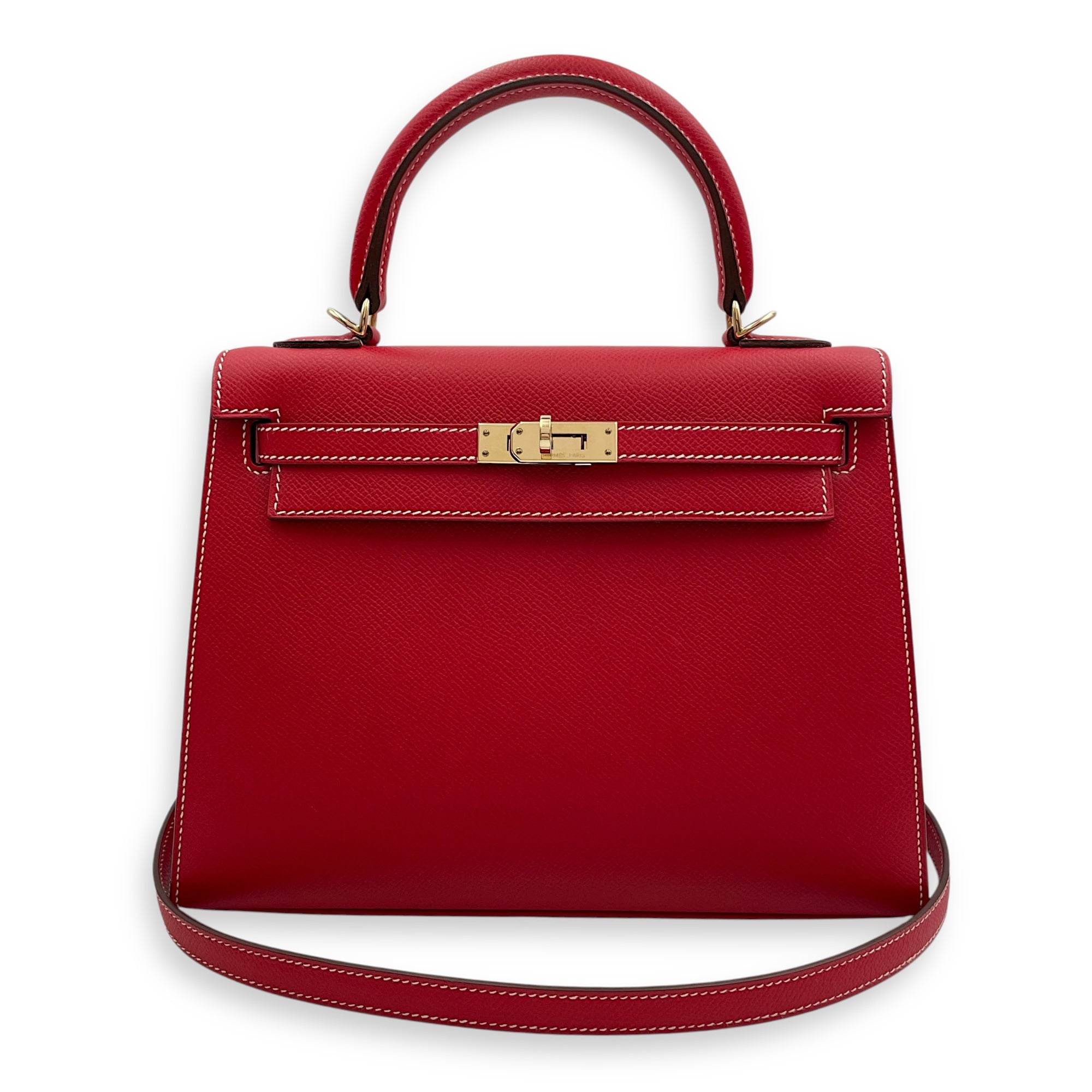 Sellier Kelly Candy 25 Rouge Casaque/Blue Thalassa in Epsom, Permabrass hardware