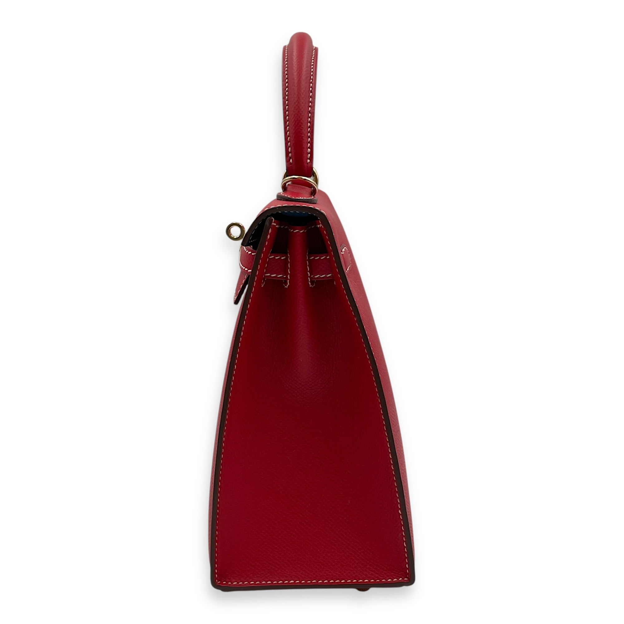 Sellier Kelly Candy 25 Rouge Casaque/Blue Thalassa in Epsom, Permabrass hardware