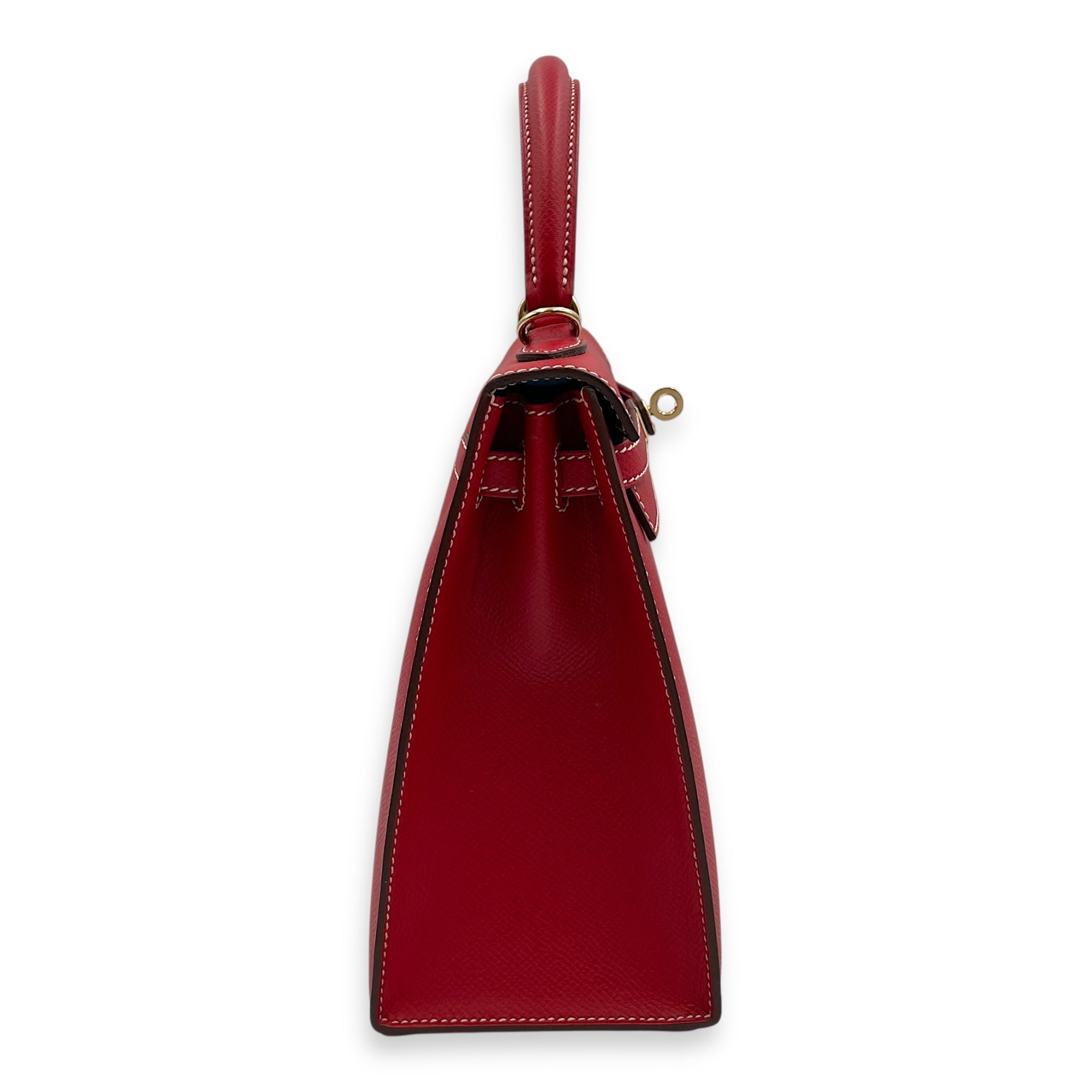 Sellier Kelly Candy 25 Rouge Casaque/Blue Thalassa in Epsom, Permabrass hardware