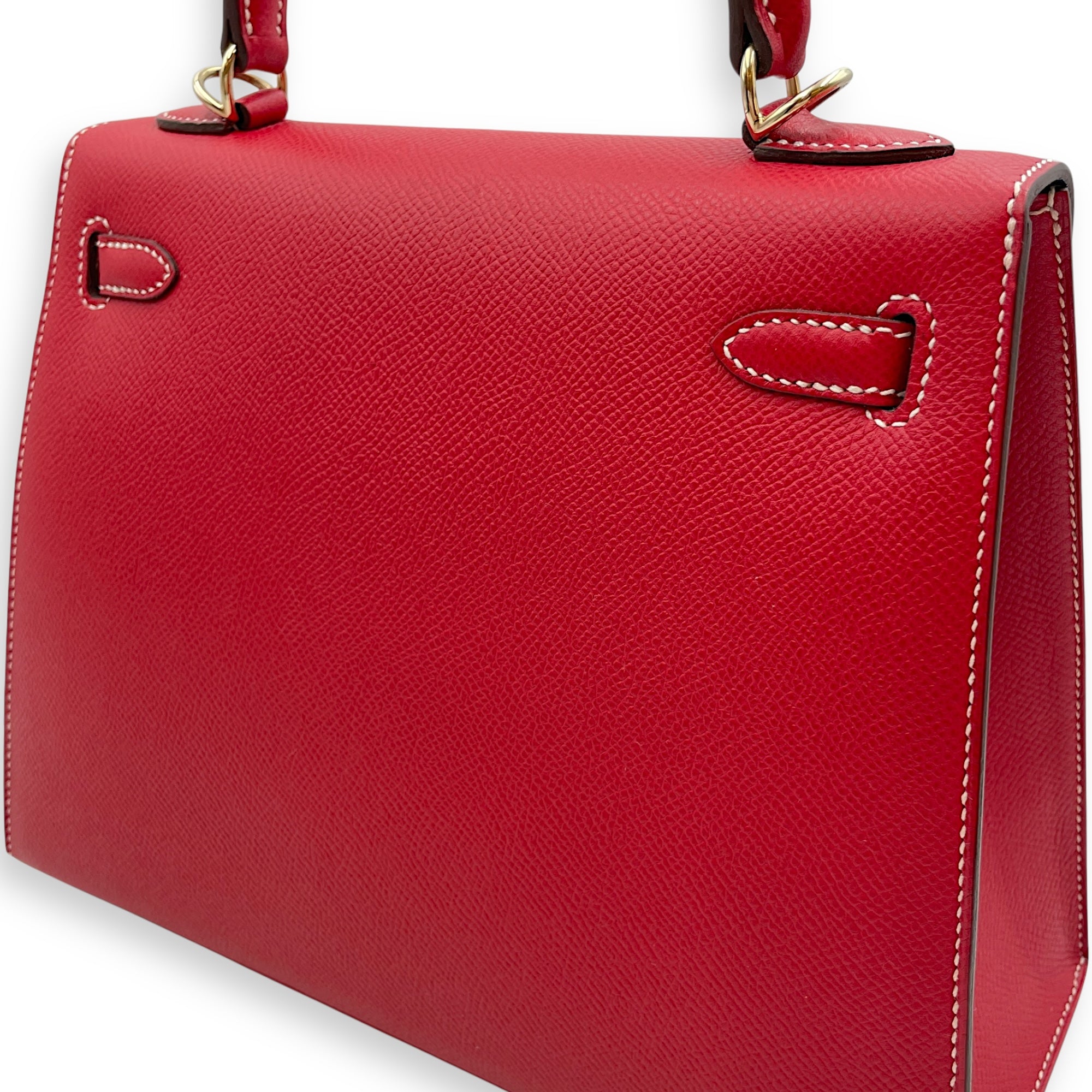 Sellier Kelly Candy 25 Rouge Casaque/Blue Thalassa in Epsom, Permabrass hardware