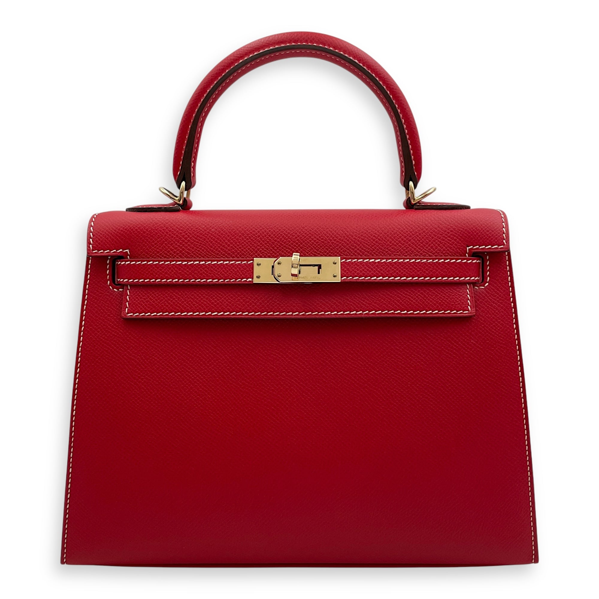 Sellier Kelly Candy 25 Rouge Casaque/Blue Thalassa in Epsom, Permabrass hardware