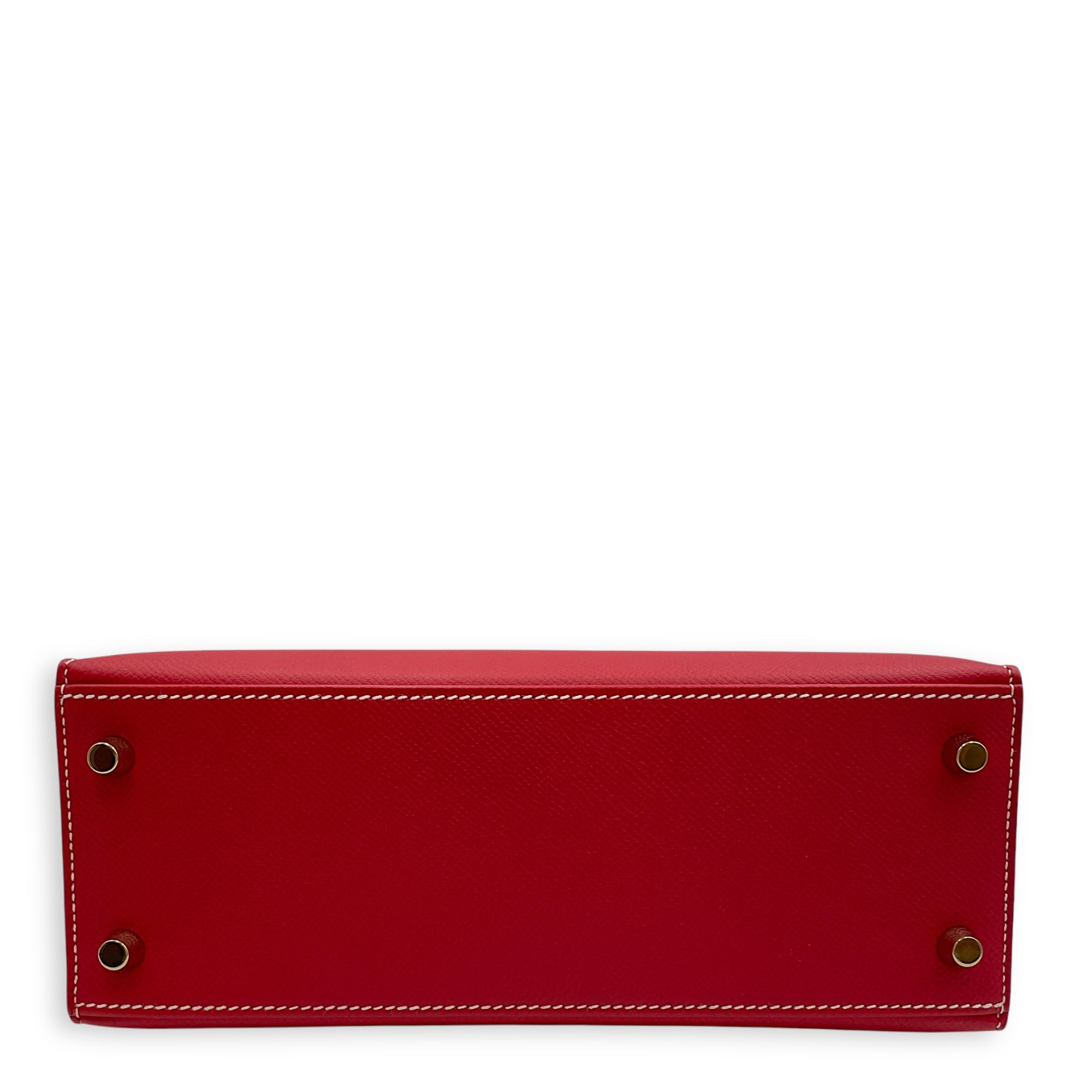Sellier Kelly Candy 25 Rouge Casaque/Blue Thalassa in Epsom, Permabrass hardware