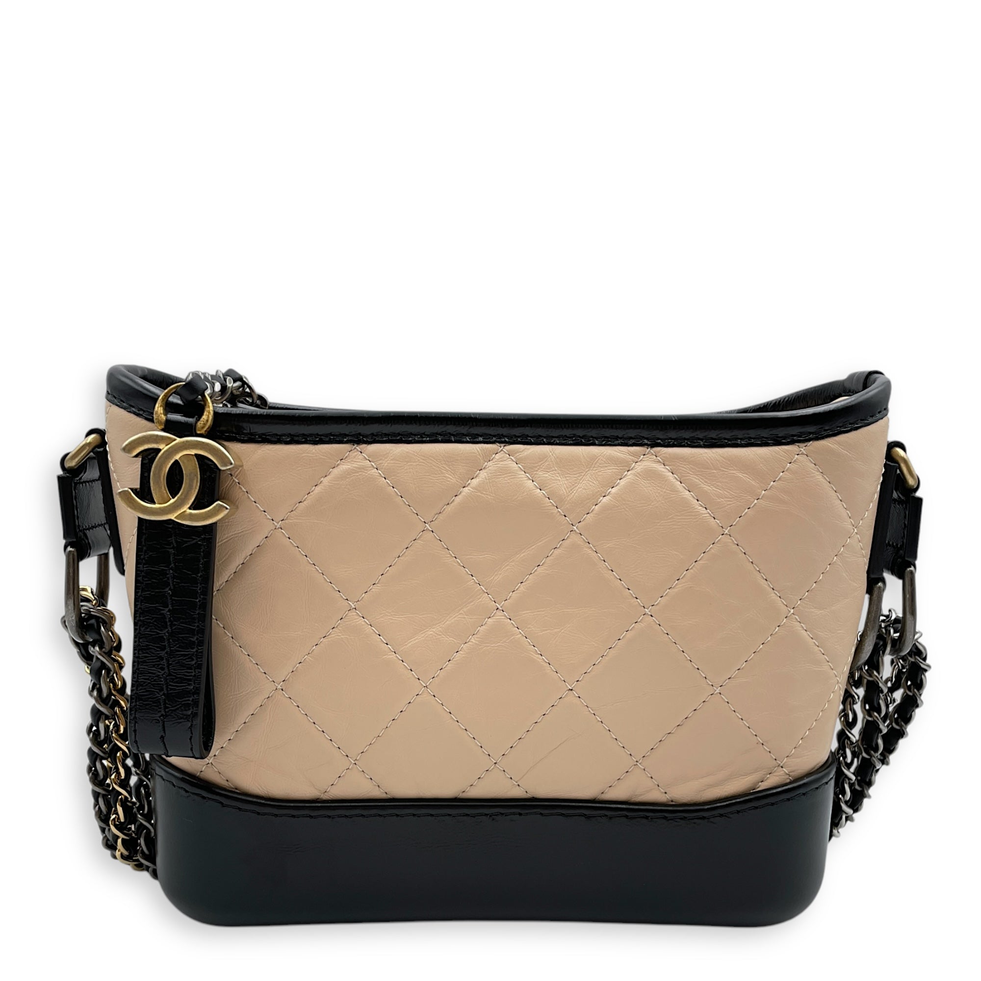 Quilted Gabrielle Small Beige/Black Crossbody Bag in Distressed Leather, 3-Tone hardware
