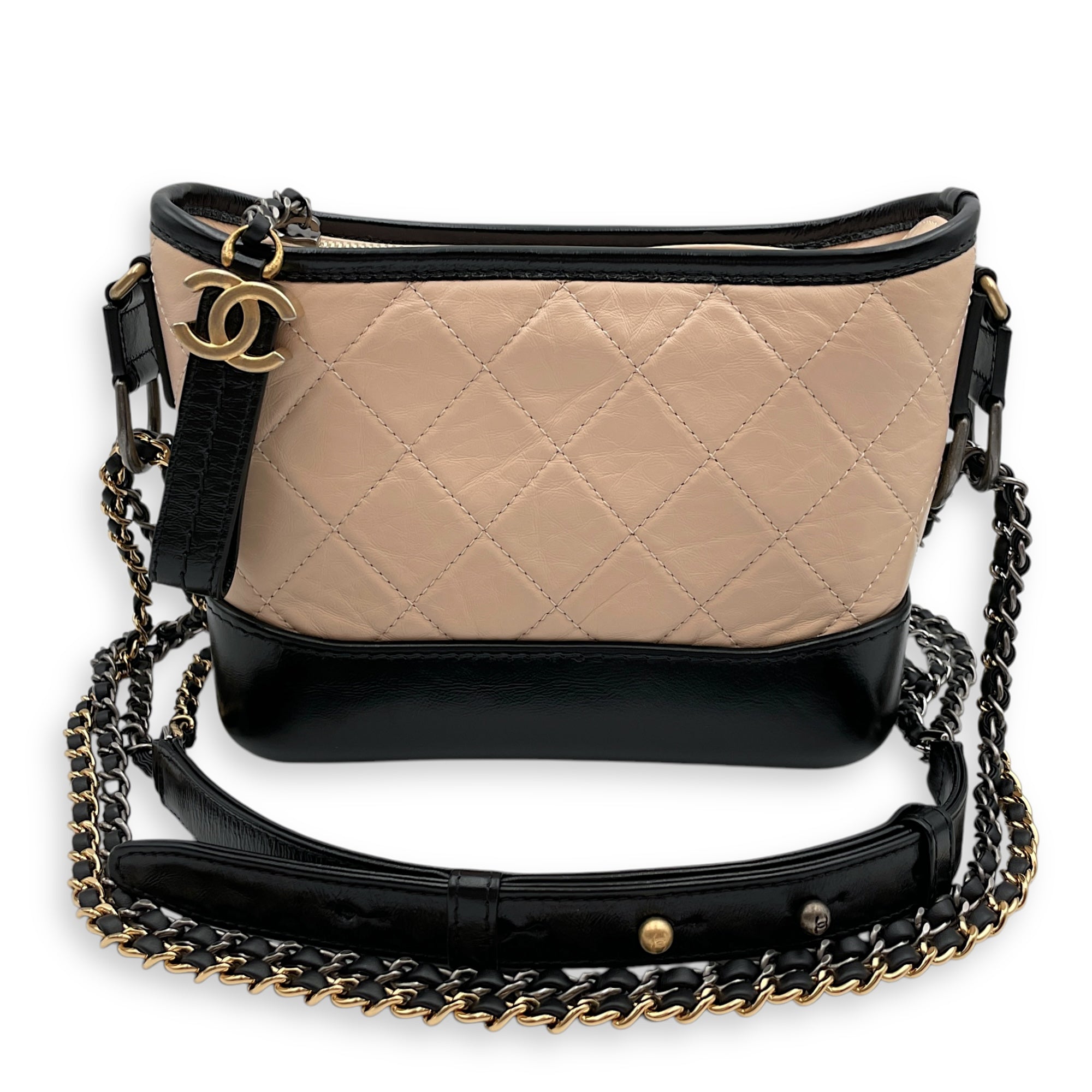 Quilted Gabrielle Small Beige/Black Crossbody Bag in Distressed Leather, 3-Tone hardware