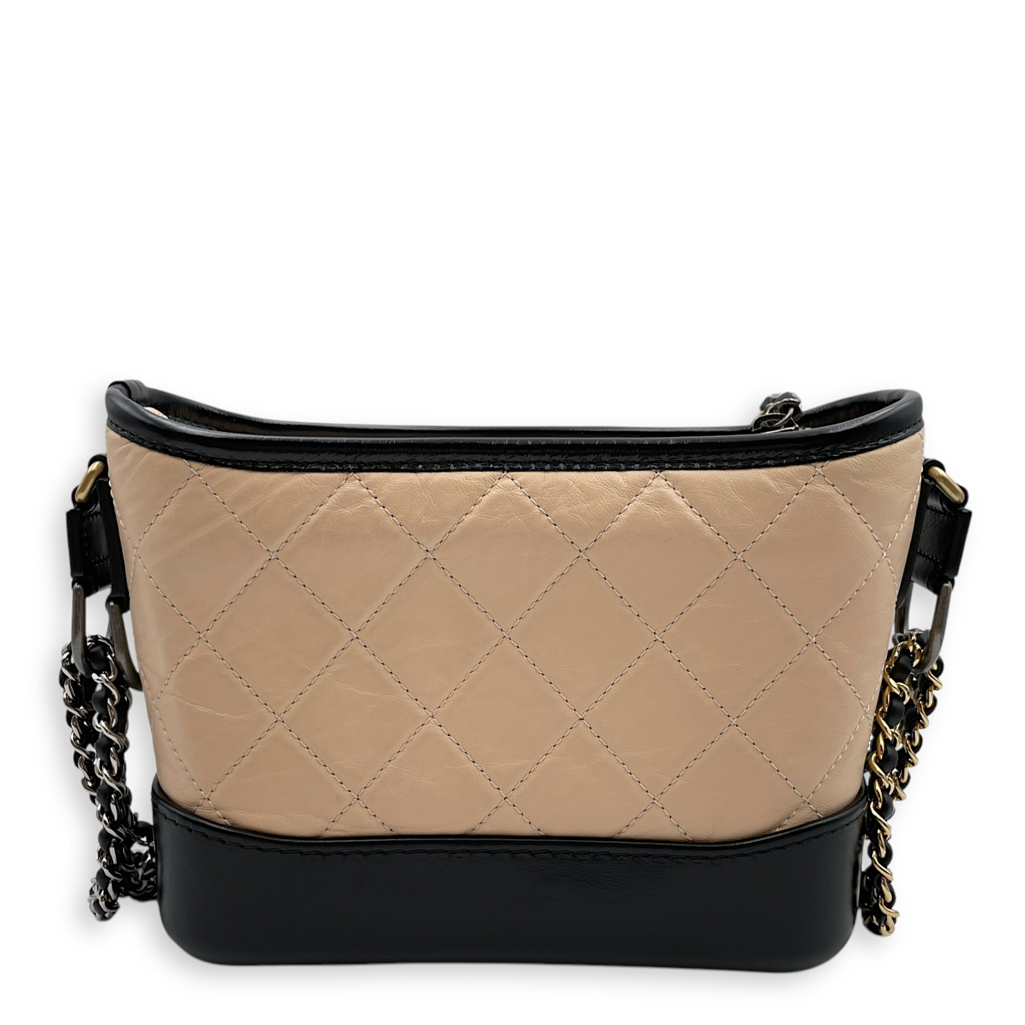 Quilted Gabrielle Small Beige/Black Crossbody Bag in Distressed Leather, 3-Tone hardware