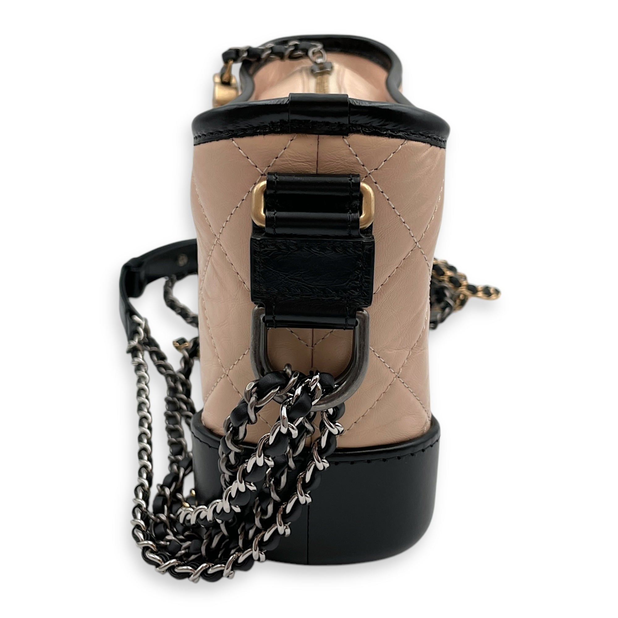 Quilted Gabrielle Small Beige/Black Crossbody Bag in Distressed Leather, 3-Tone hardware