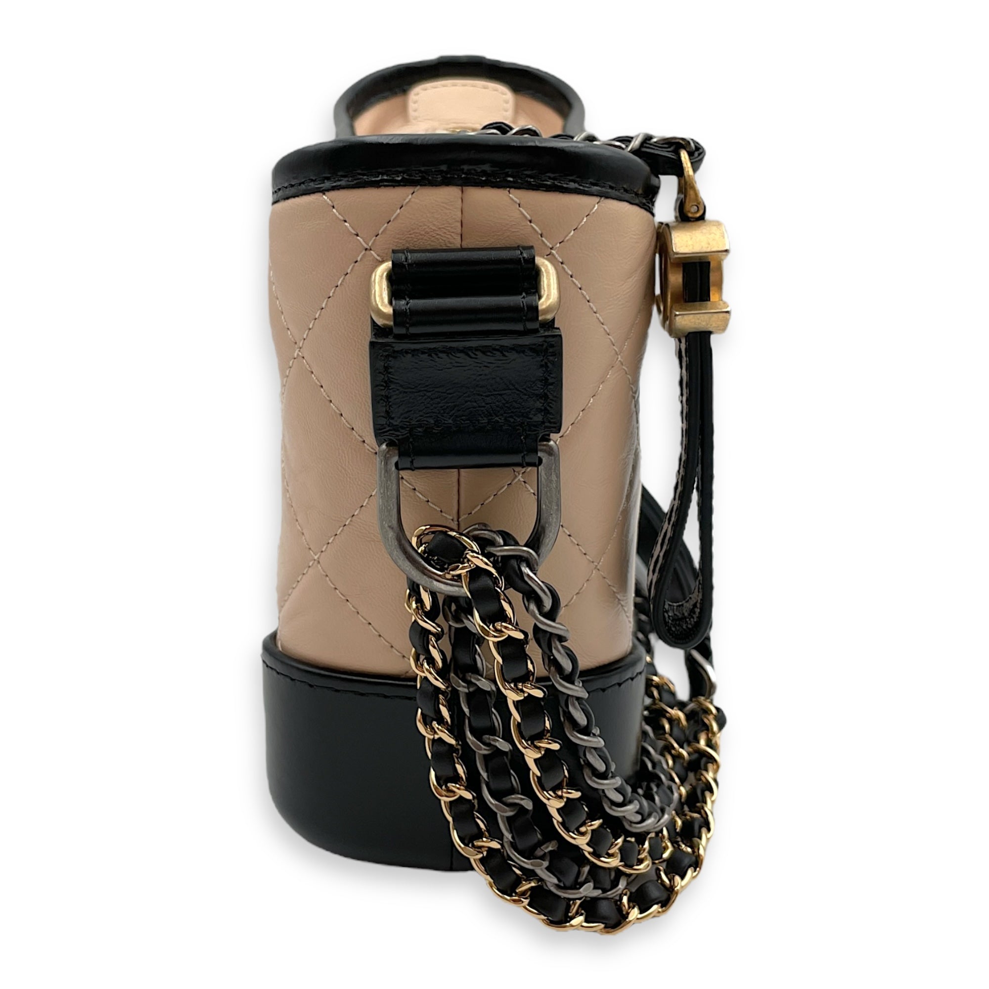 Quilted Gabrielle Small Beige/Black Crossbody Bag in Distressed Leather, 3-Tone hardware
