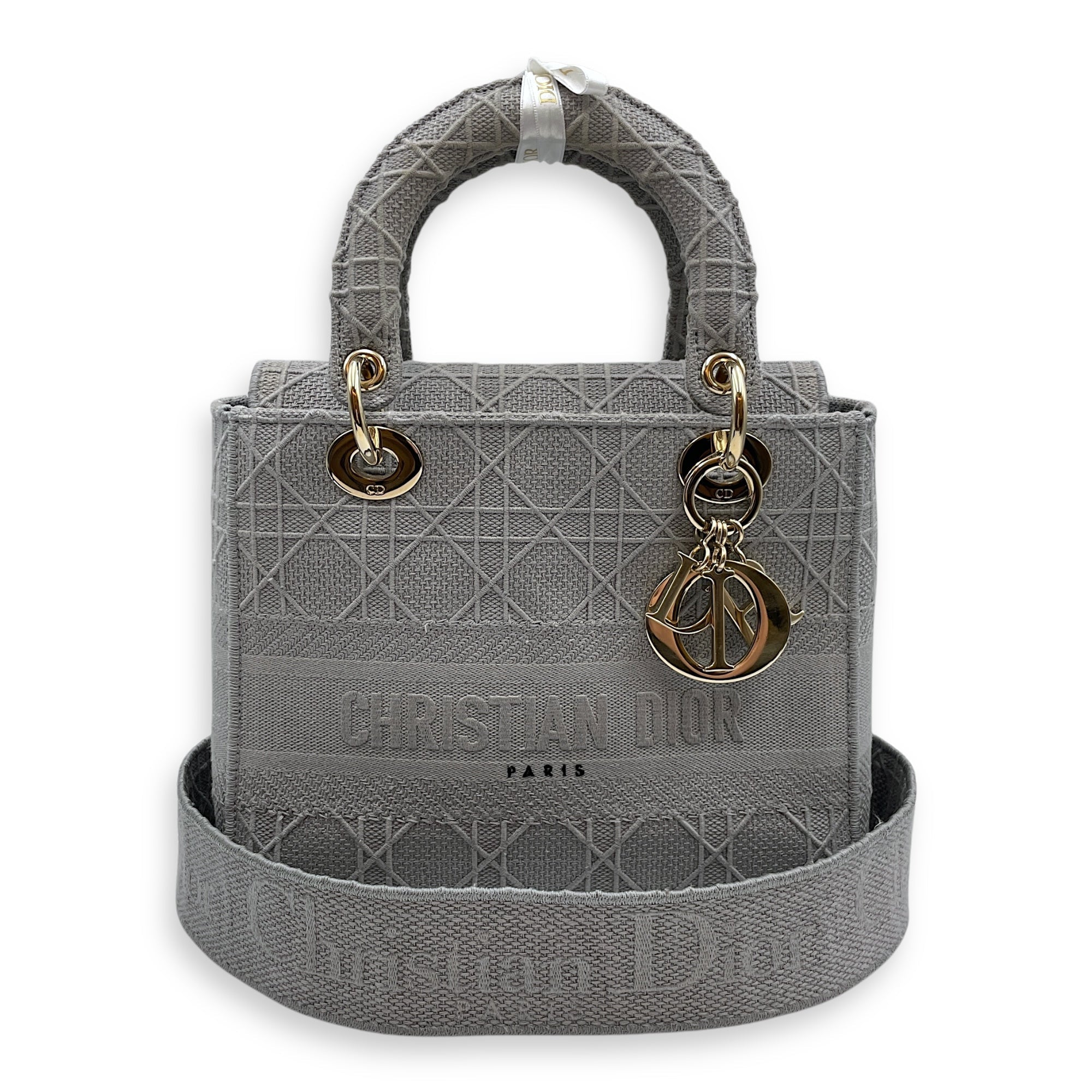 Lady Dior Medium Grey Top Handle Bag in Canvas, Gold hardware