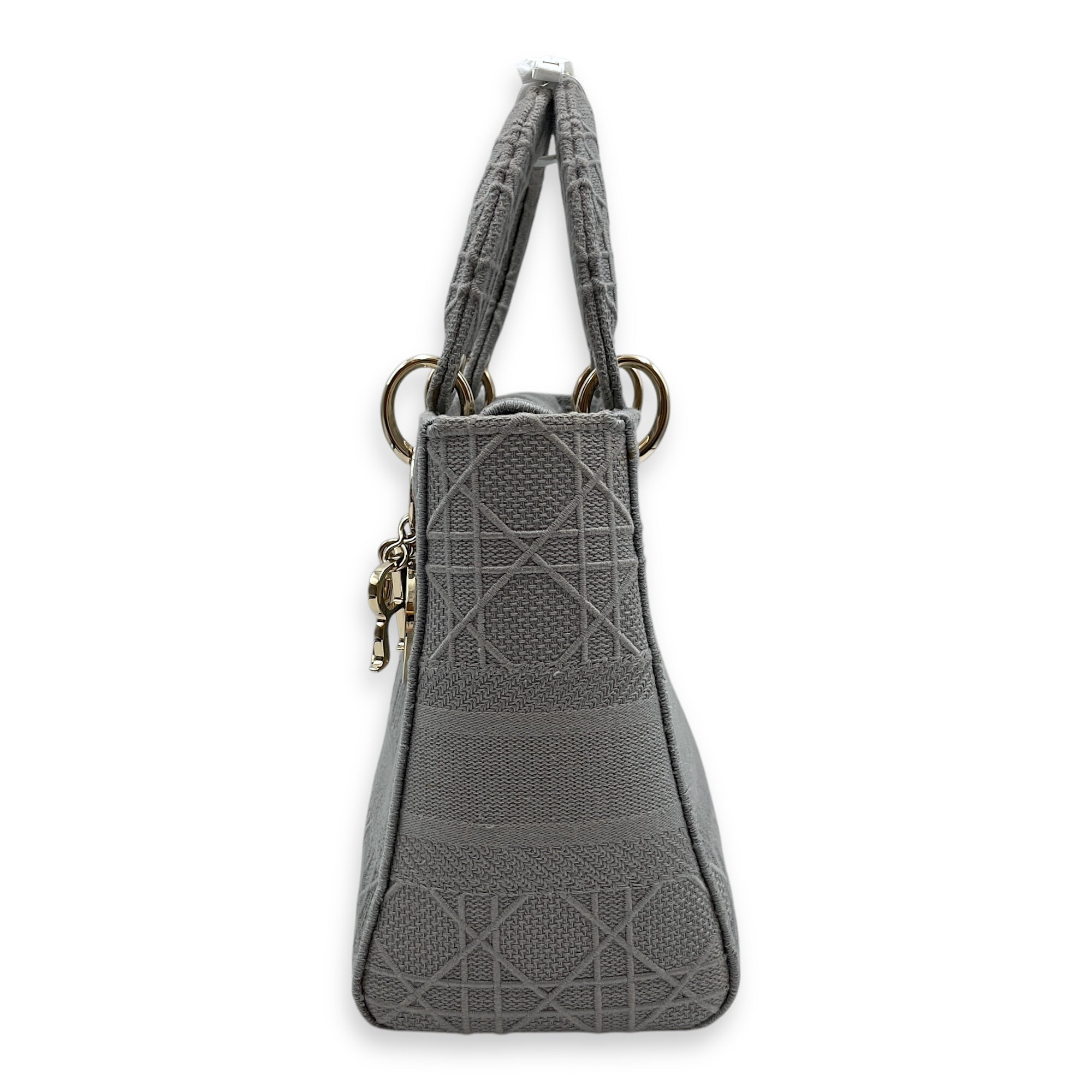 Lady Dior Medium Grey Top Handle Bag in Canvas, Gold hardware