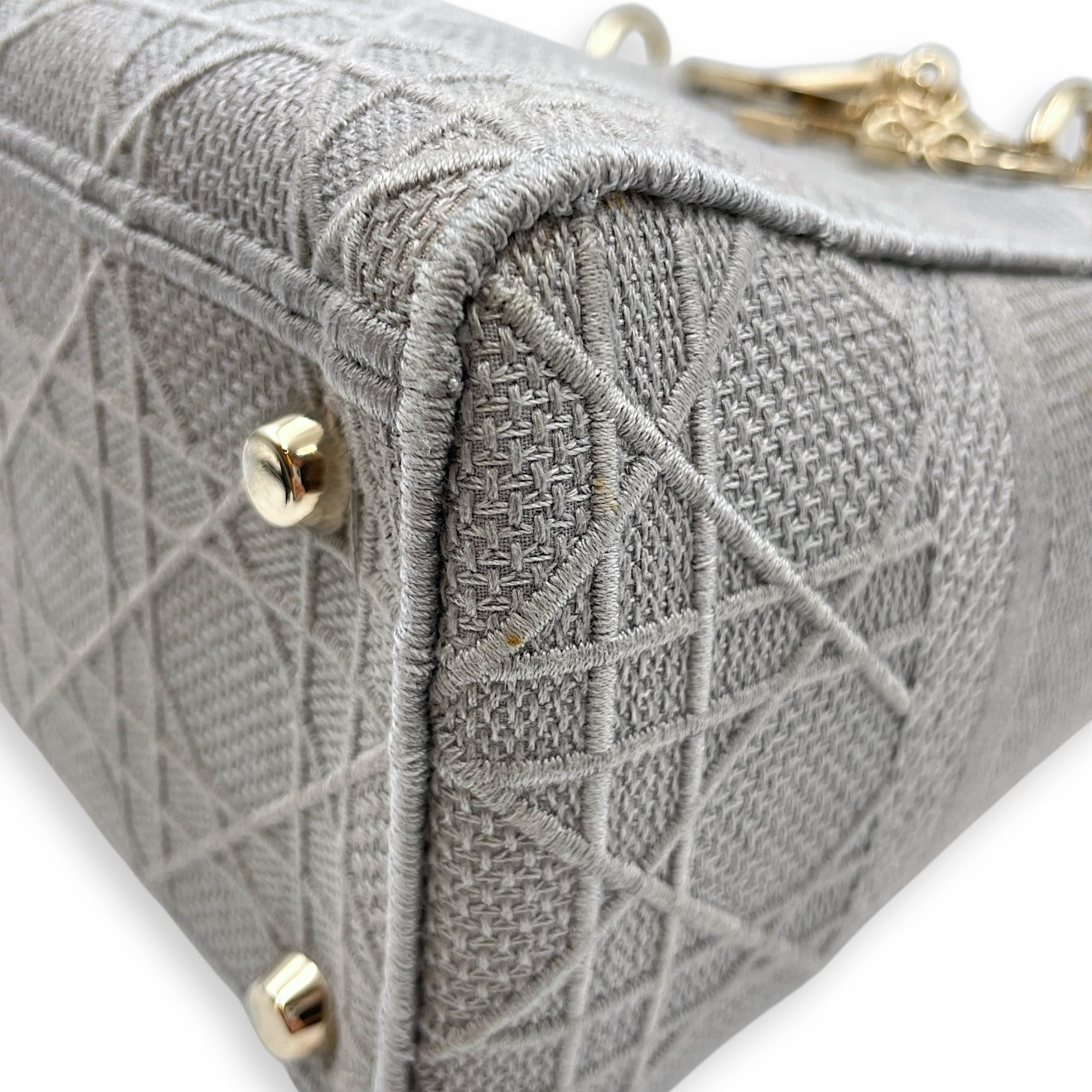 Lady Dior Medium Grey Top Handle Bag in Canvas, Gold hardware