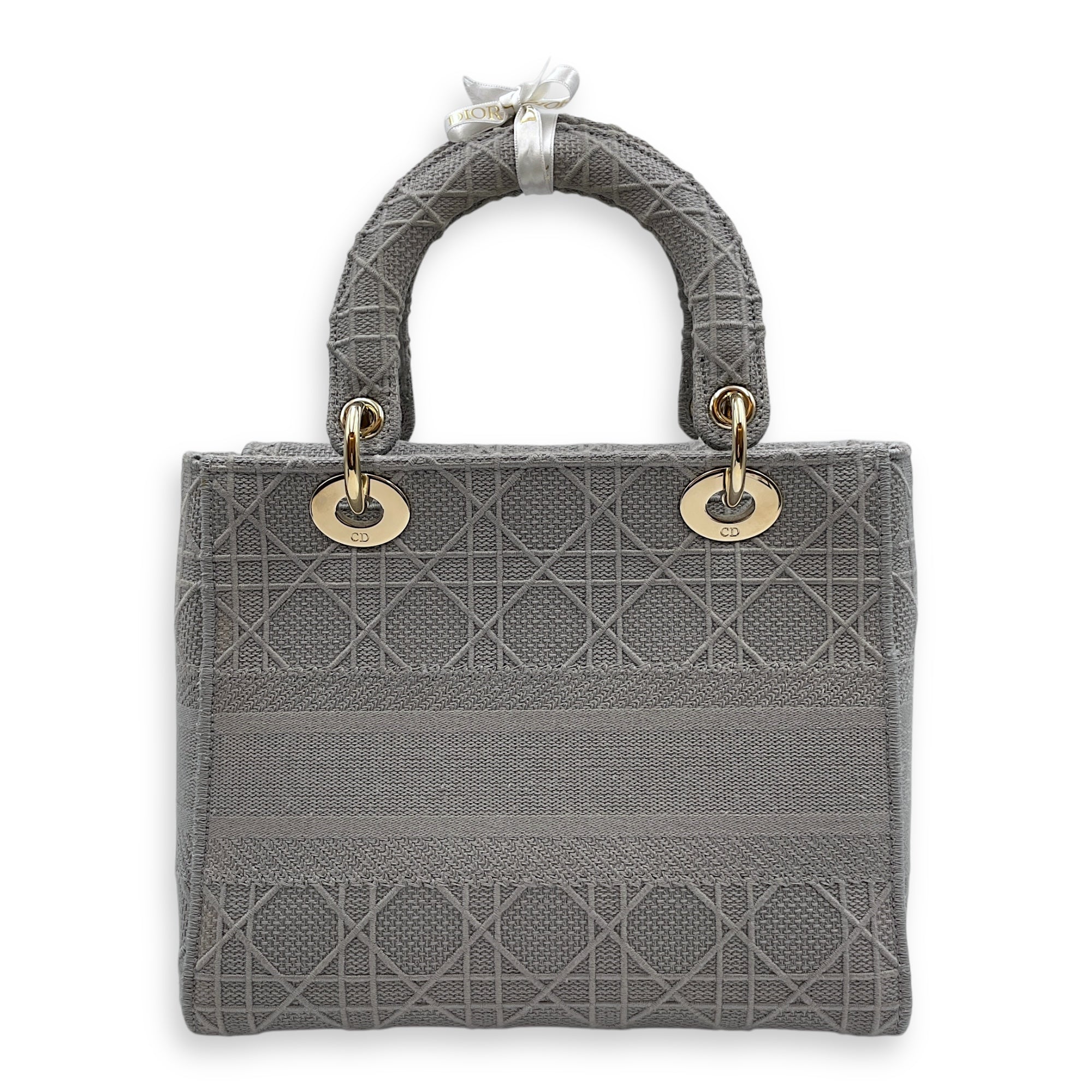 Lady Dior Medium Grey Top Handle Bag in Canvas, Gold hardware