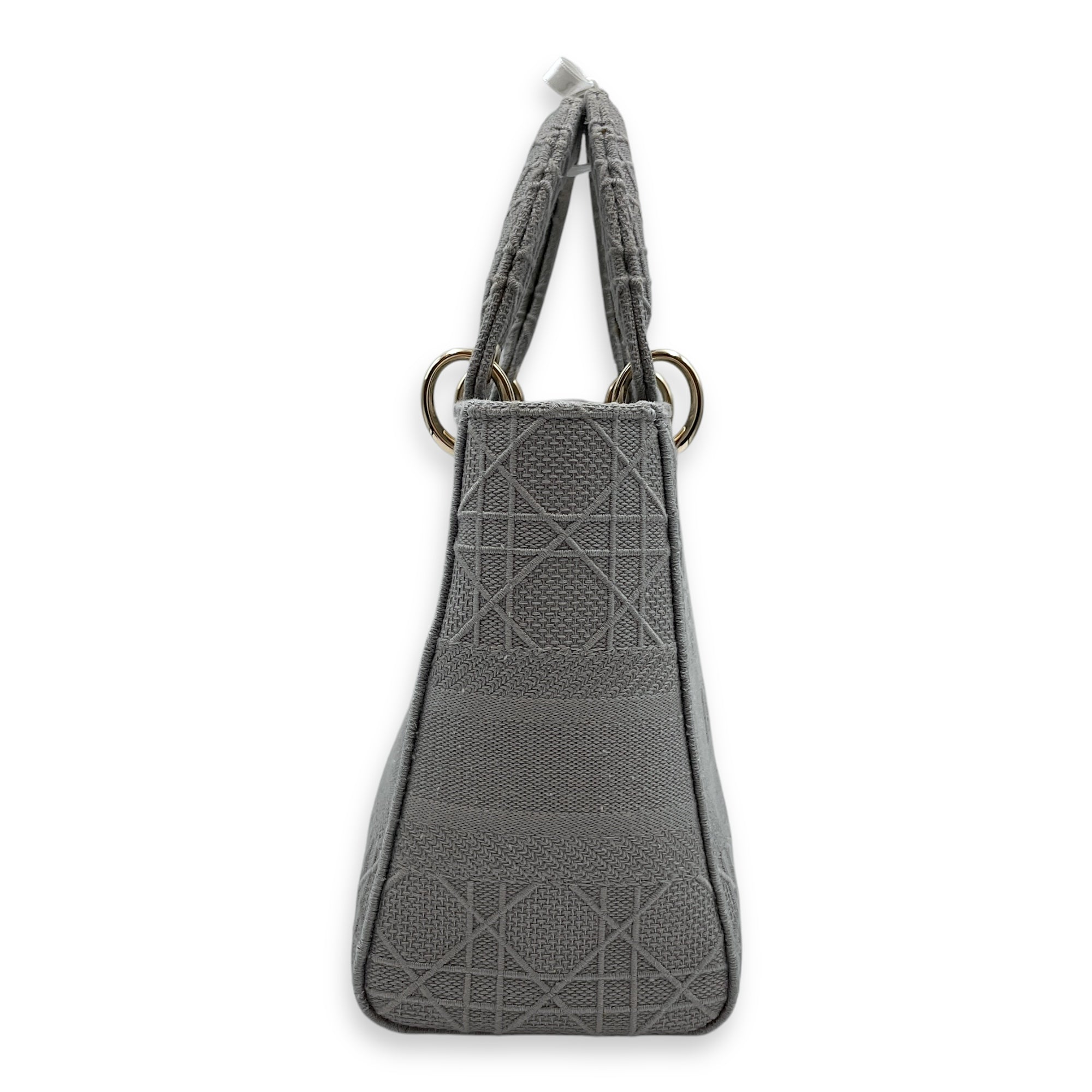 Lady Dior Medium Grey Top Handle Bag in Canvas, Gold hardware