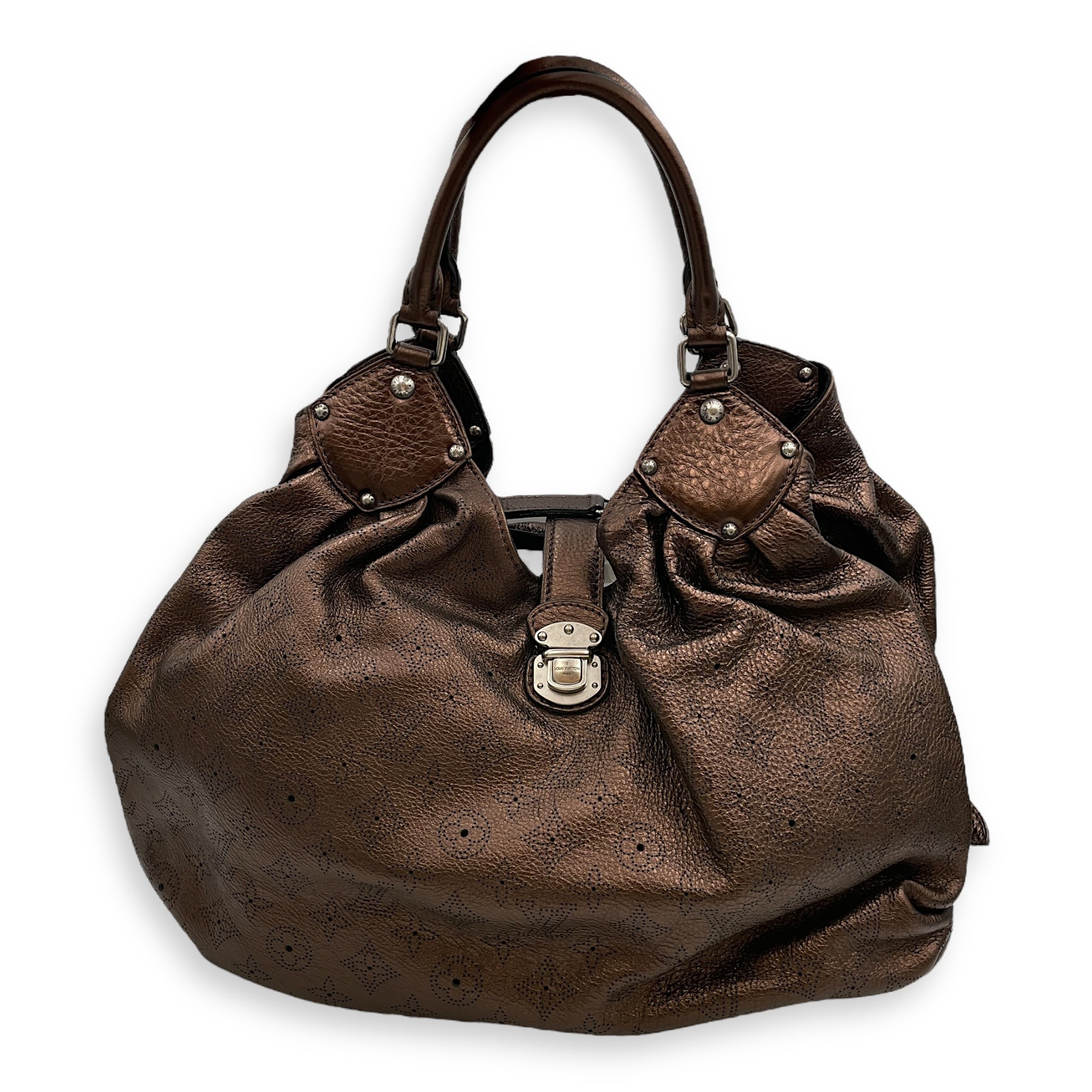 Mahina Brown Shoulder Bag in Calfskin, Silver hardware