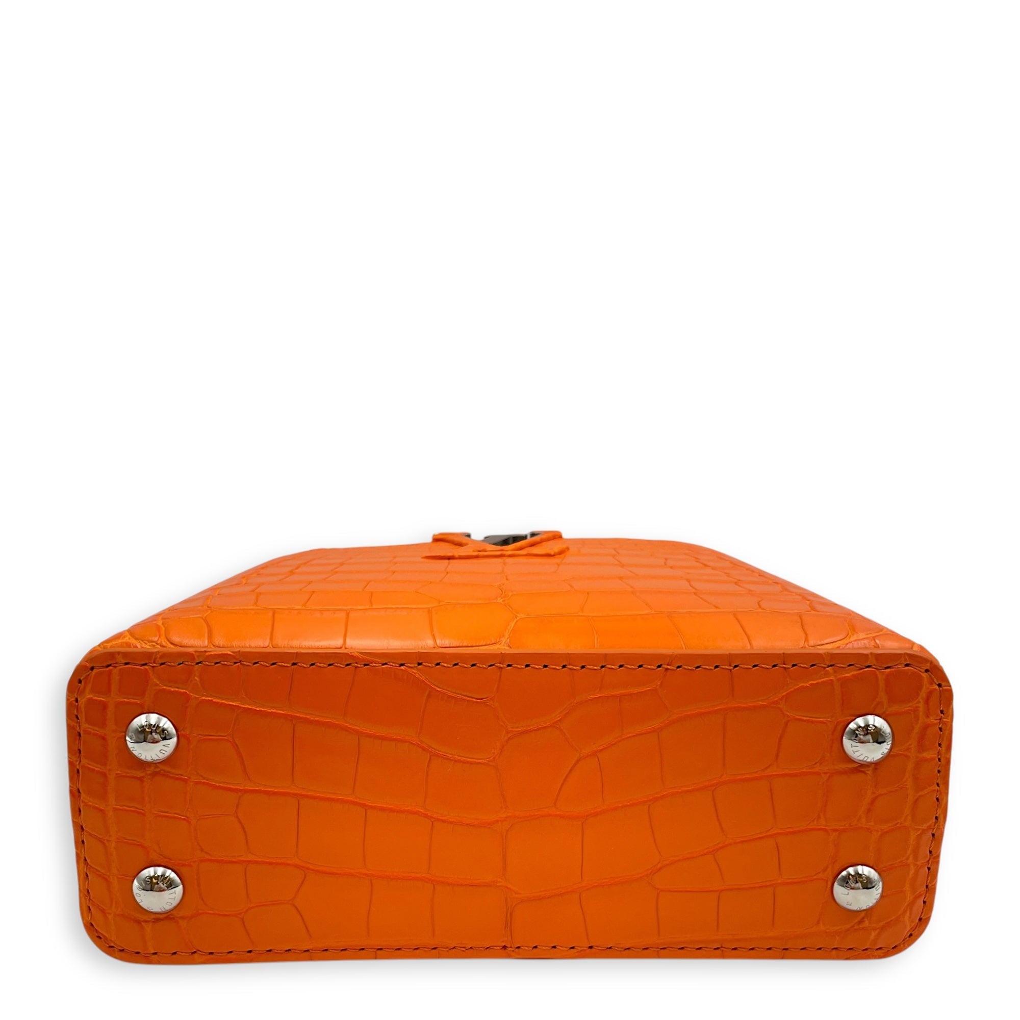 Capucines Mini Orange Top Handle Bag in Crocodile Leather, Silver hardware