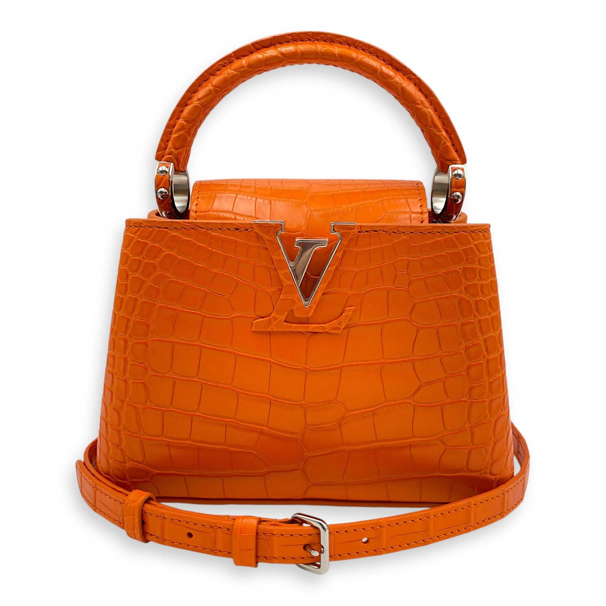 Capucines Mini Orange Top Handle Bag in Crocodile Leather, Silver hardware
