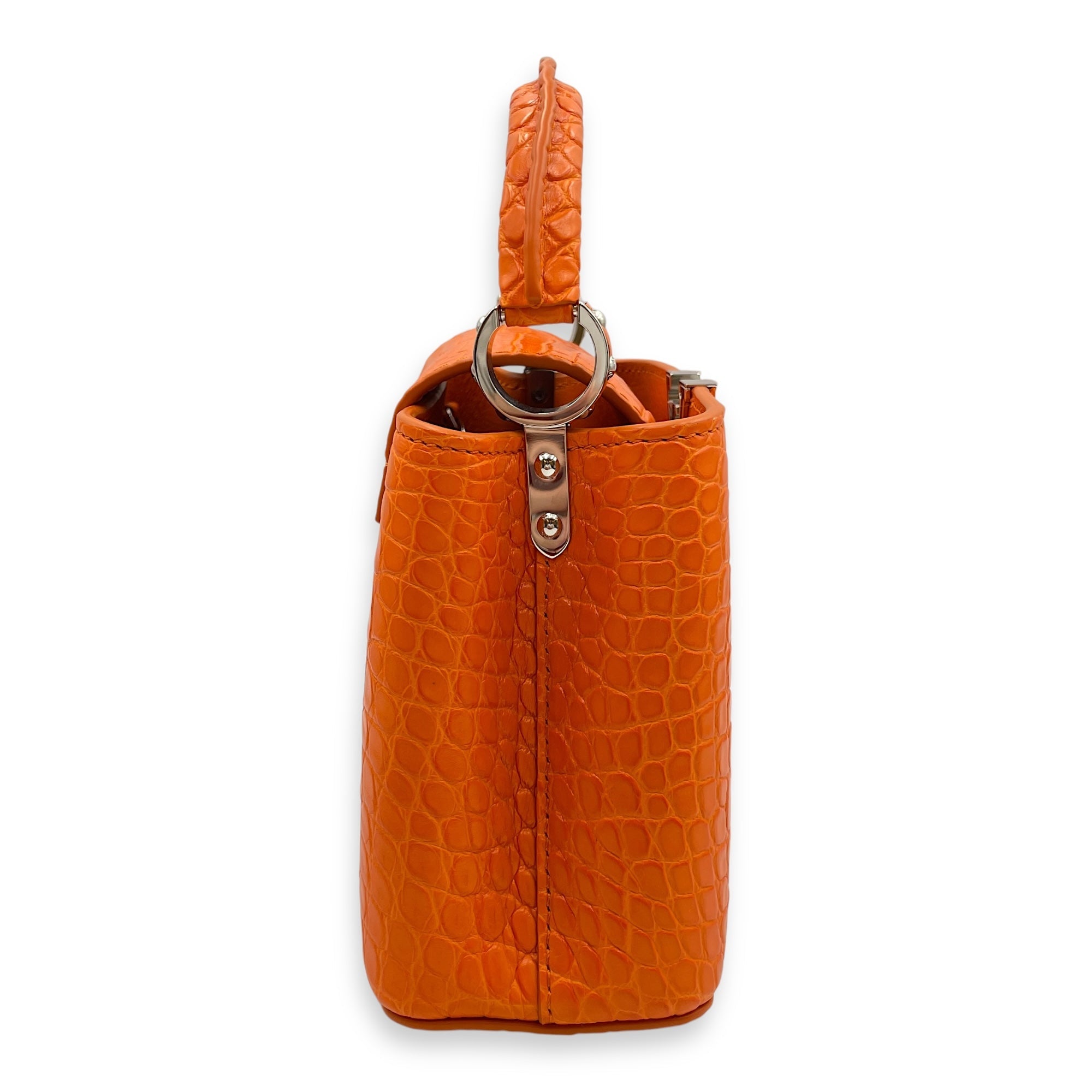 Capucines Mini Orange Top Handle Bag in Crocodile Leather, Silver hardware