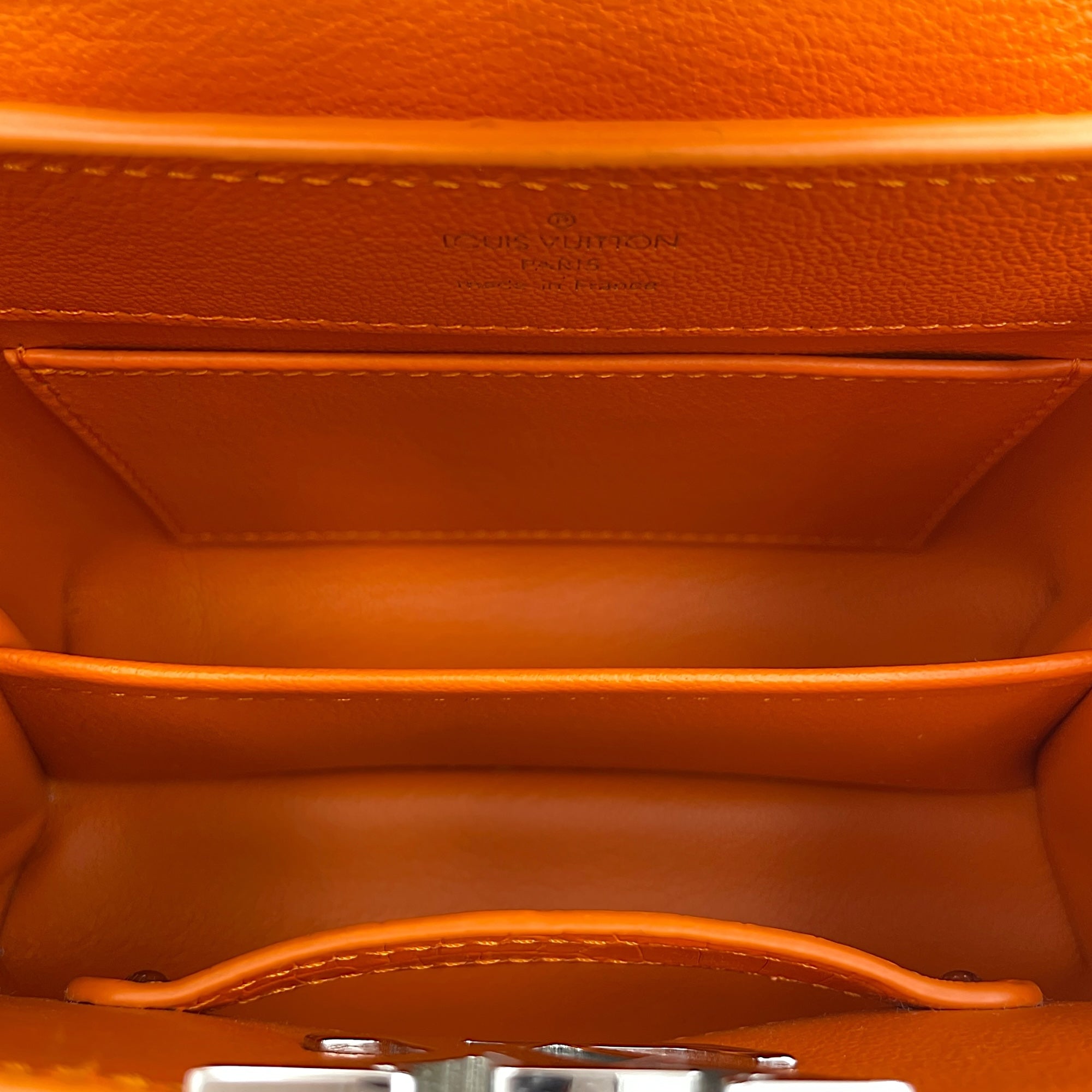 Capucines Mini Orange Top Handle Bag in Crocodile Leather, Silver hardware