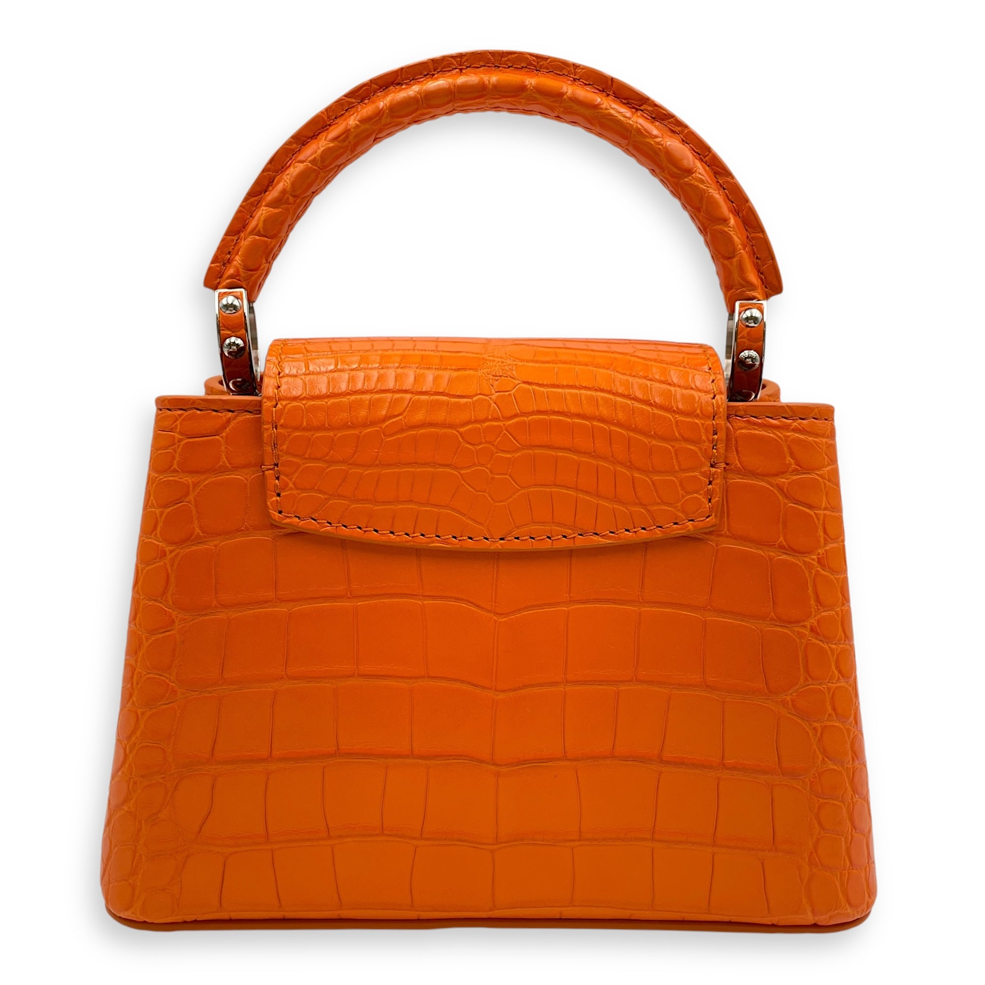 Capucines Mini Orange Top Handle Bag in Crocodile Leather, Silver hardware