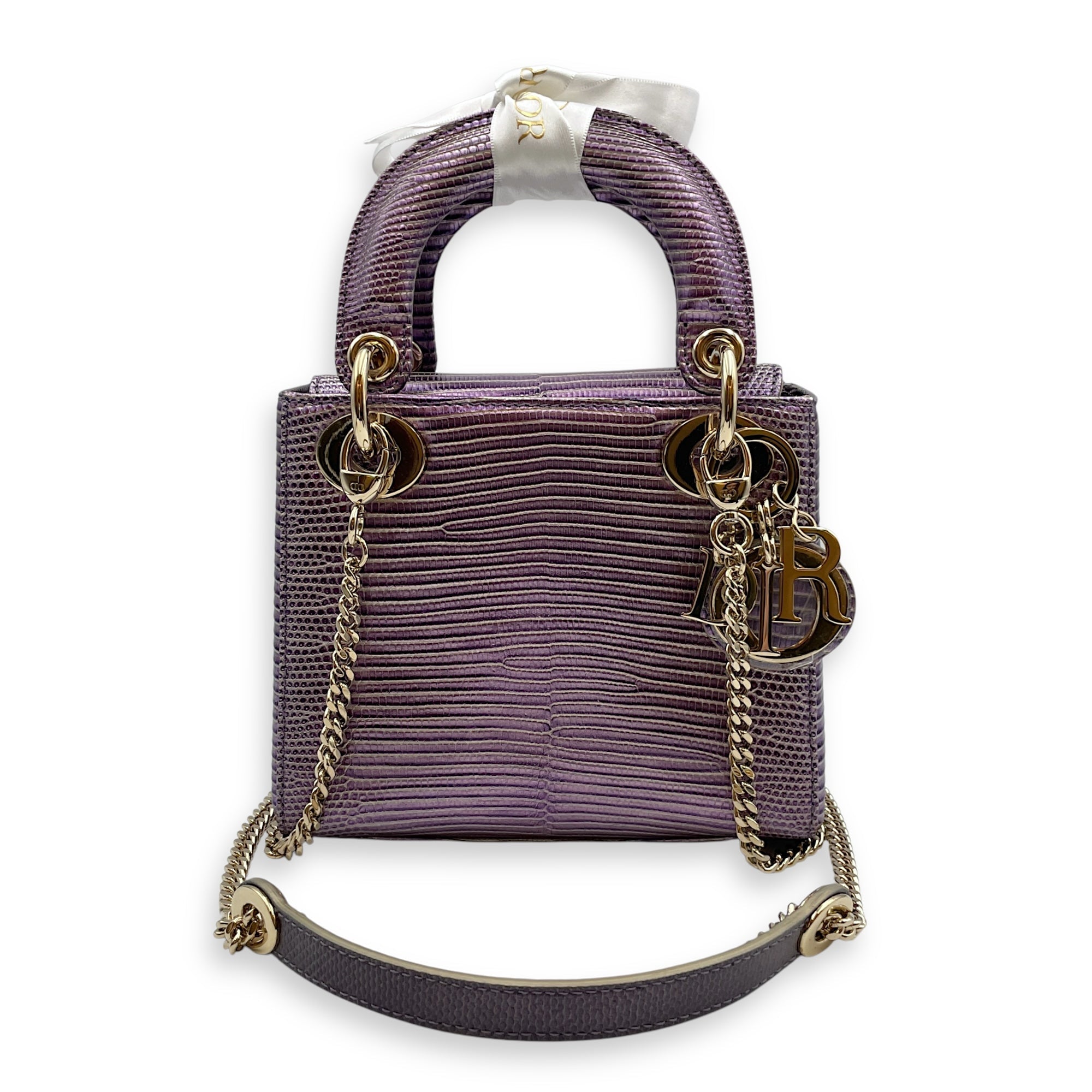 Lady Dior Mini 17cm Metallic Lilac Top Handle Bag in Lizard, Gold hardware