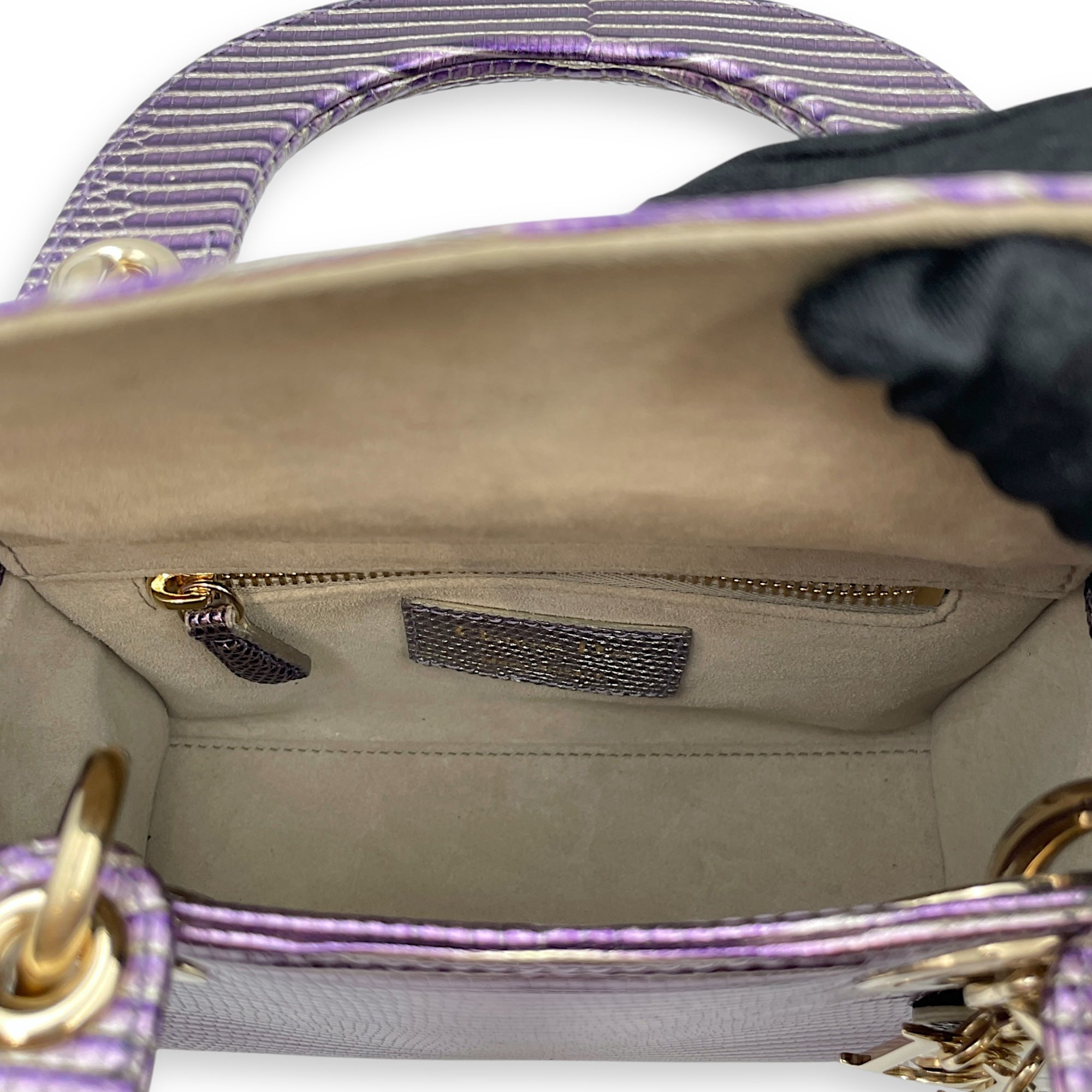 Lady Dior Mini 17cm Metallic Lilac Top Handle Bag in Lizard, Gold hardware