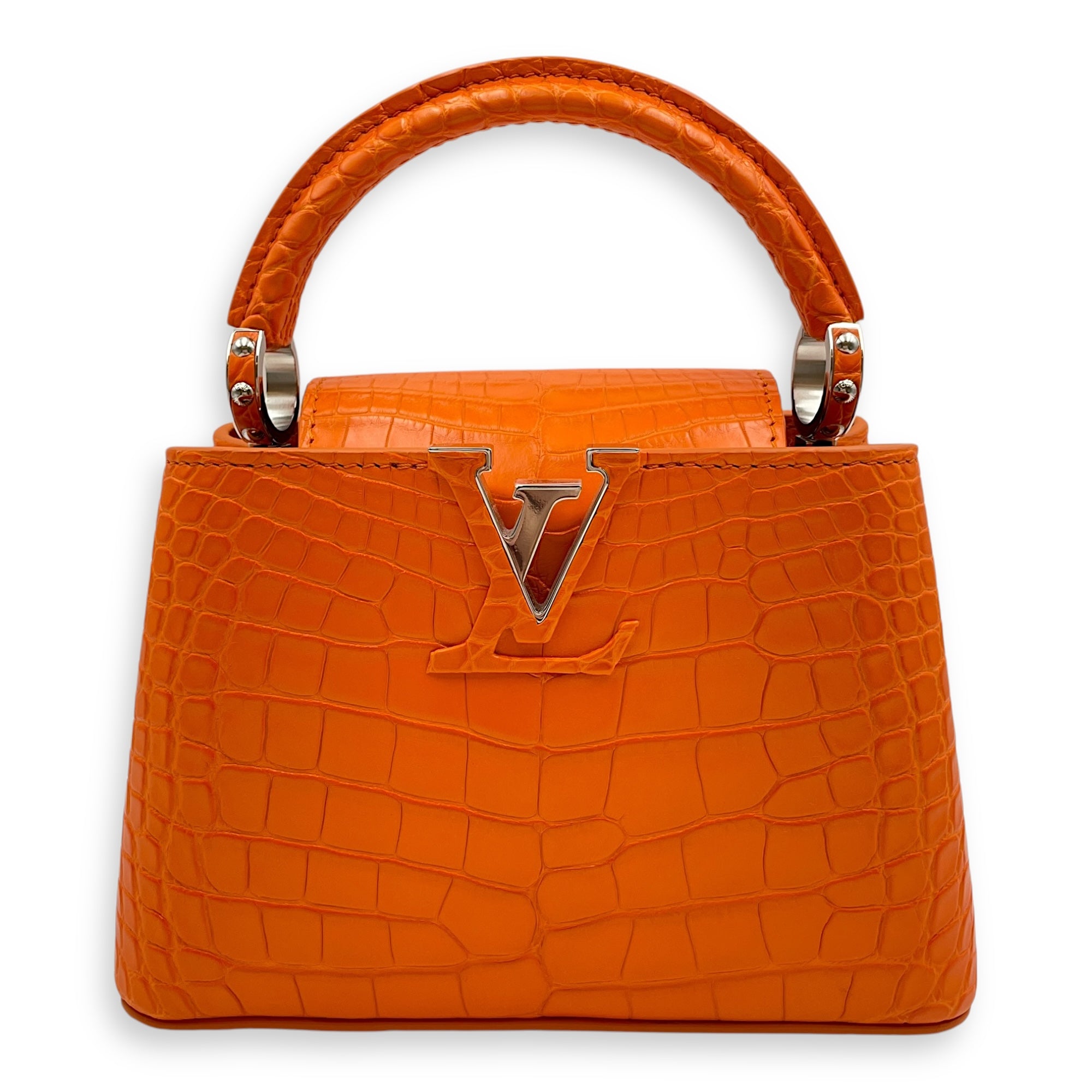 Capucines Mini Orange Top Handle Bag in Crocodile Leather, Silver hardware
