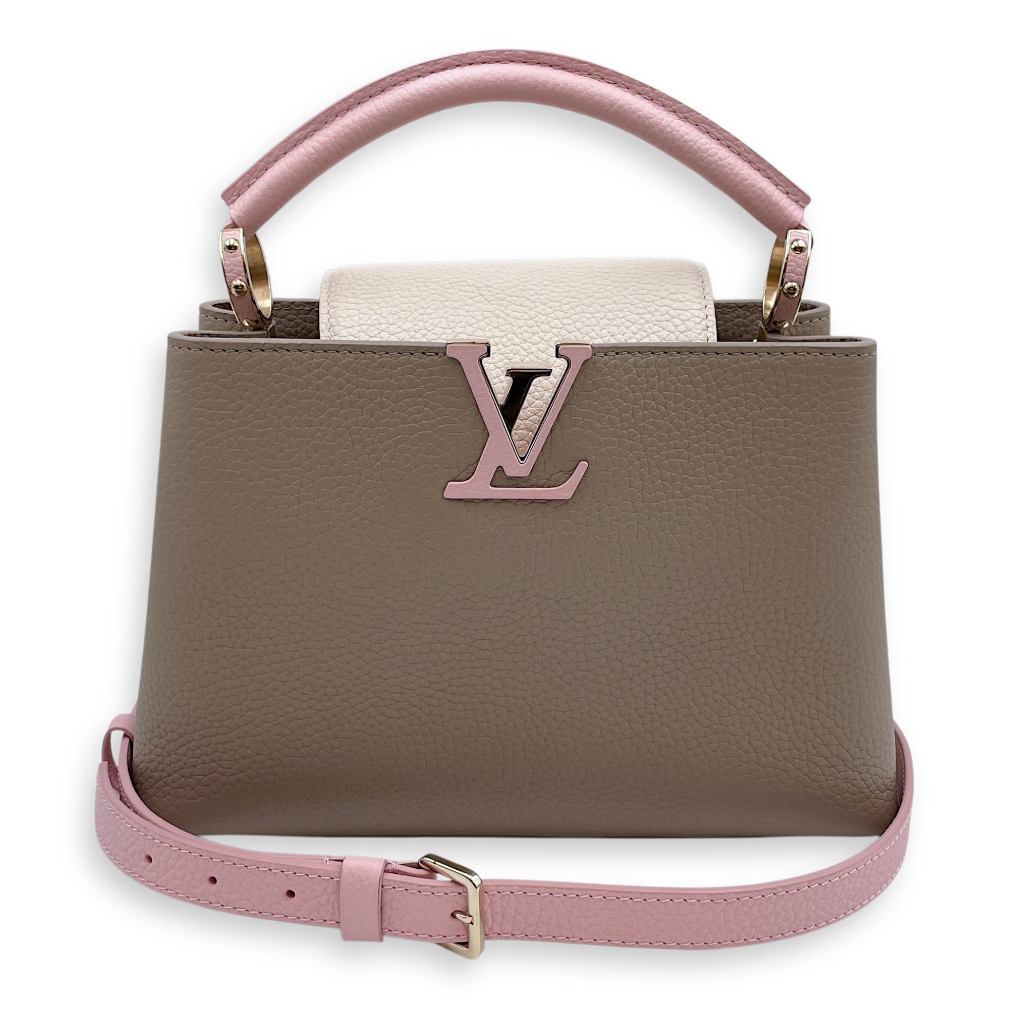 Capucines BB Medium Pink/Cream/Galet Shoulder Bag in Taurillon, Gold hardware