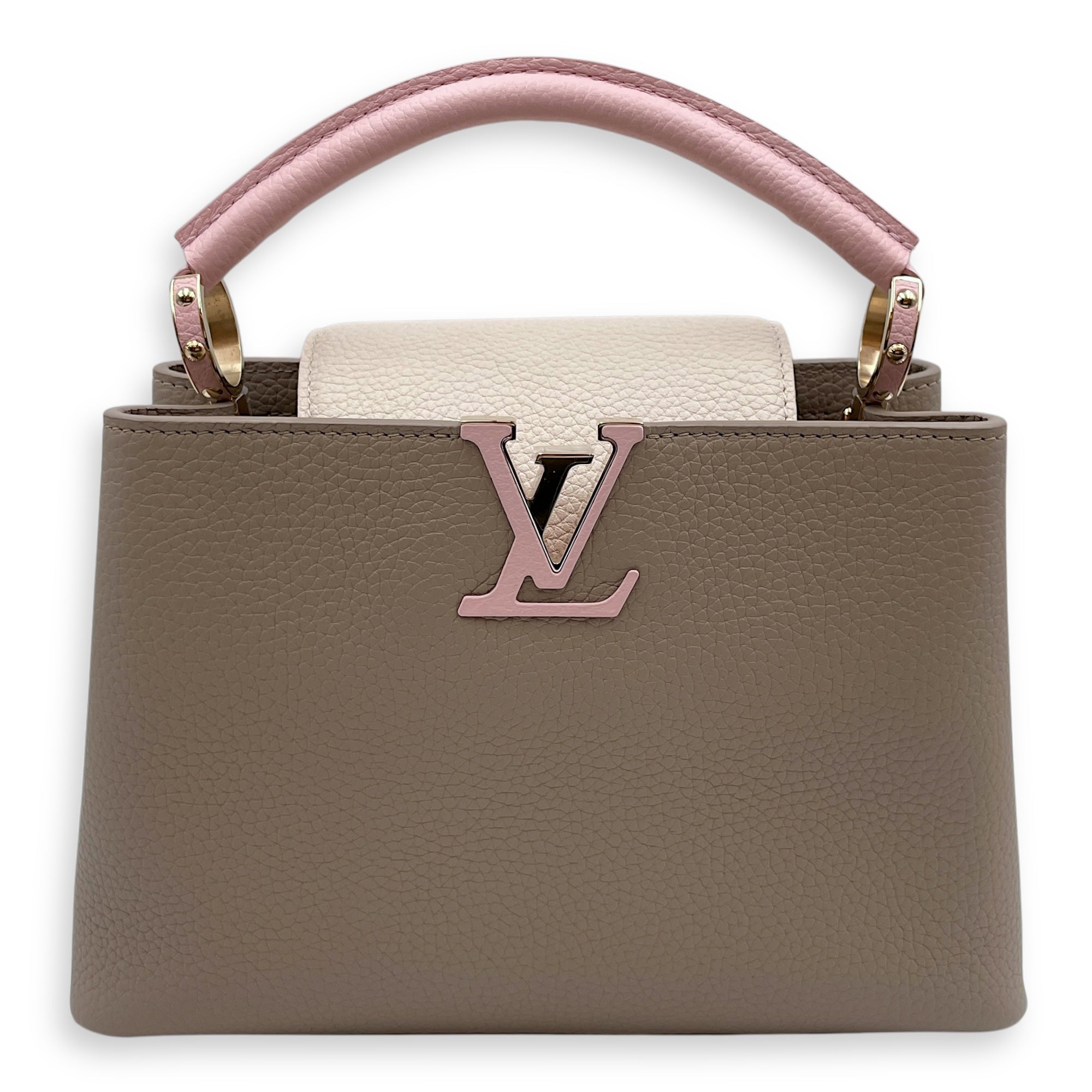 Capucines BB Medium Pink/Cream/Galet Shoulder Bag in Taurillon, Gold hardware