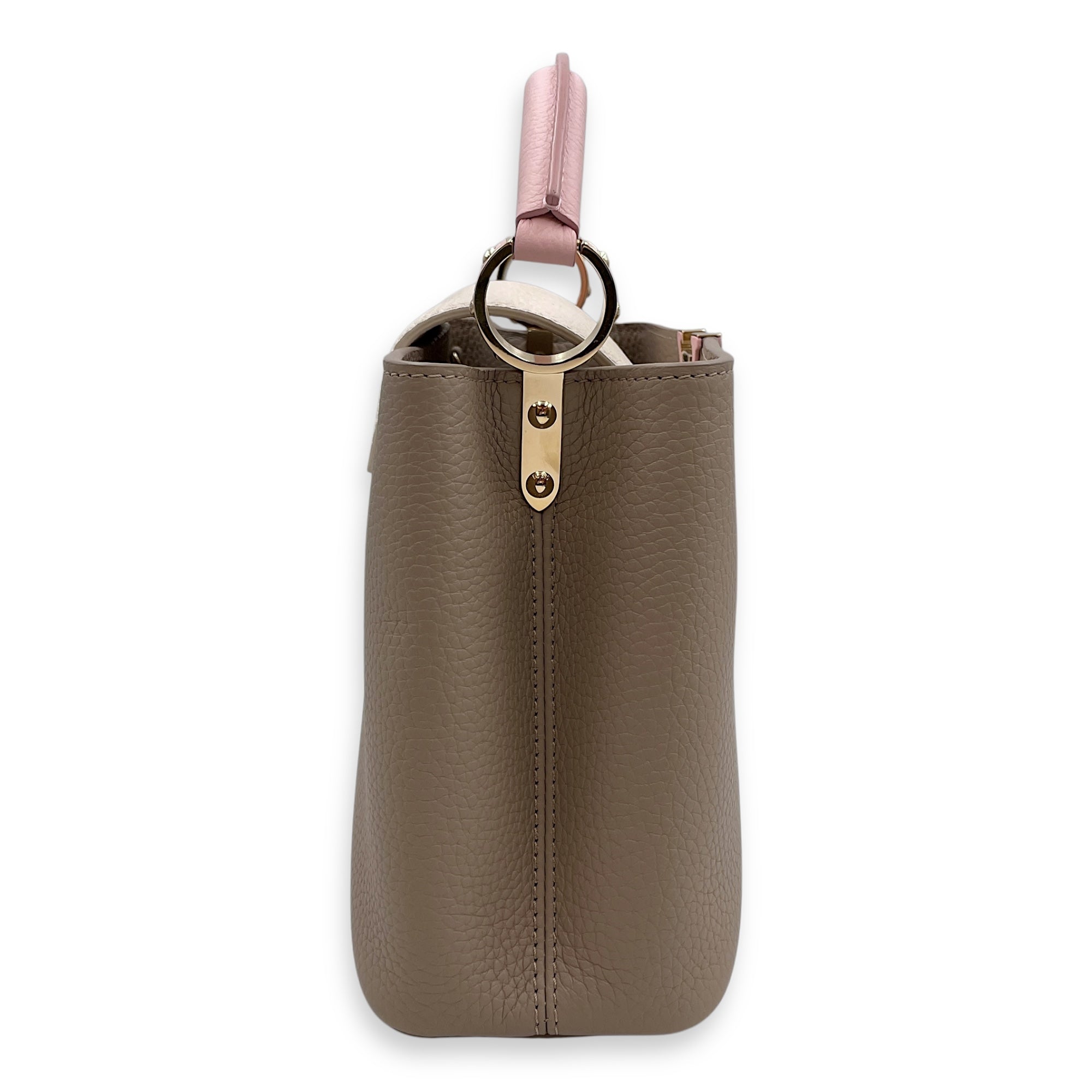 Capucines BB Medium Pink/Cream/Galet Shoulder Bag in Taurillon, Gold hardware