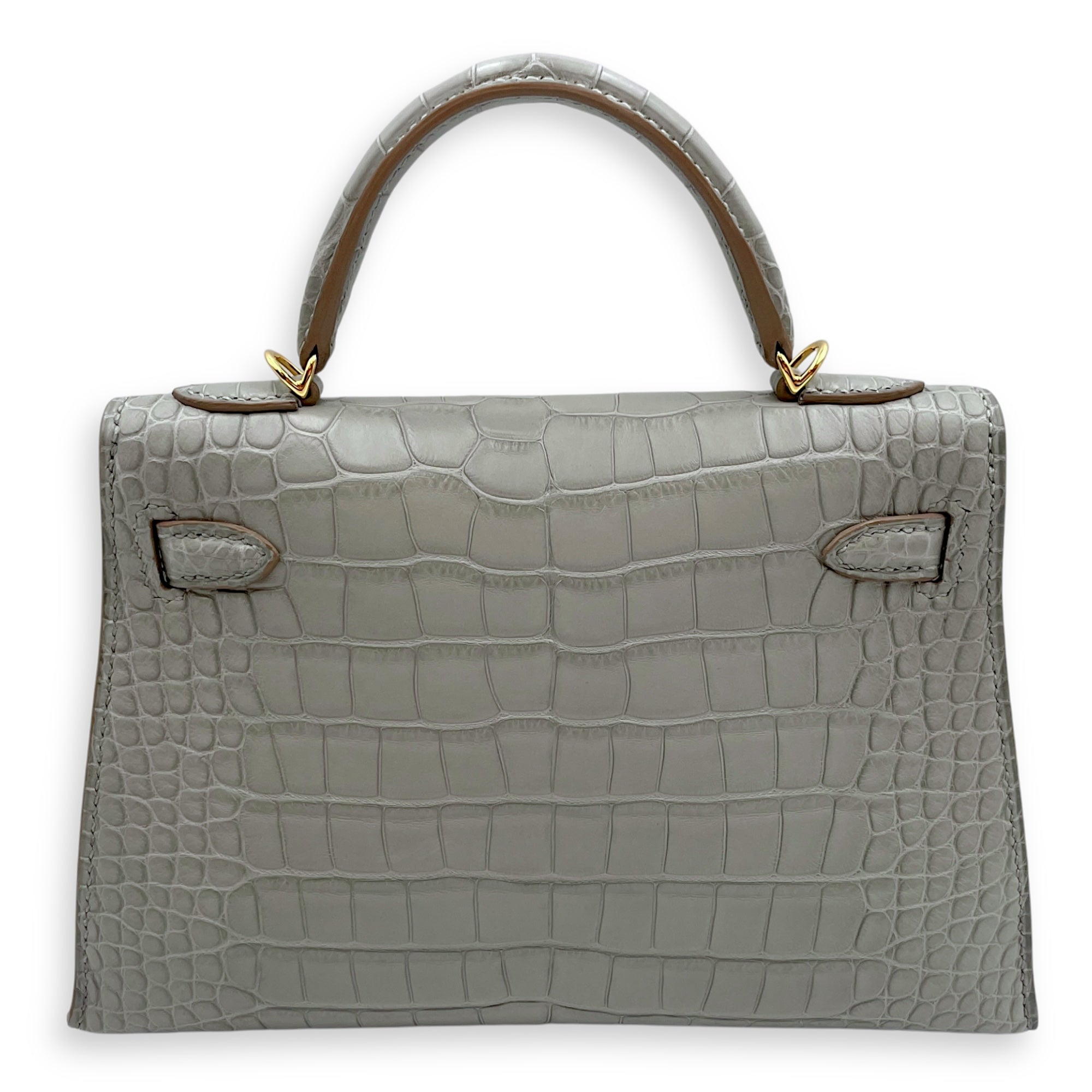 Sellier Kelly 20 Gris Perle in Matte Alligator, Gold hardware