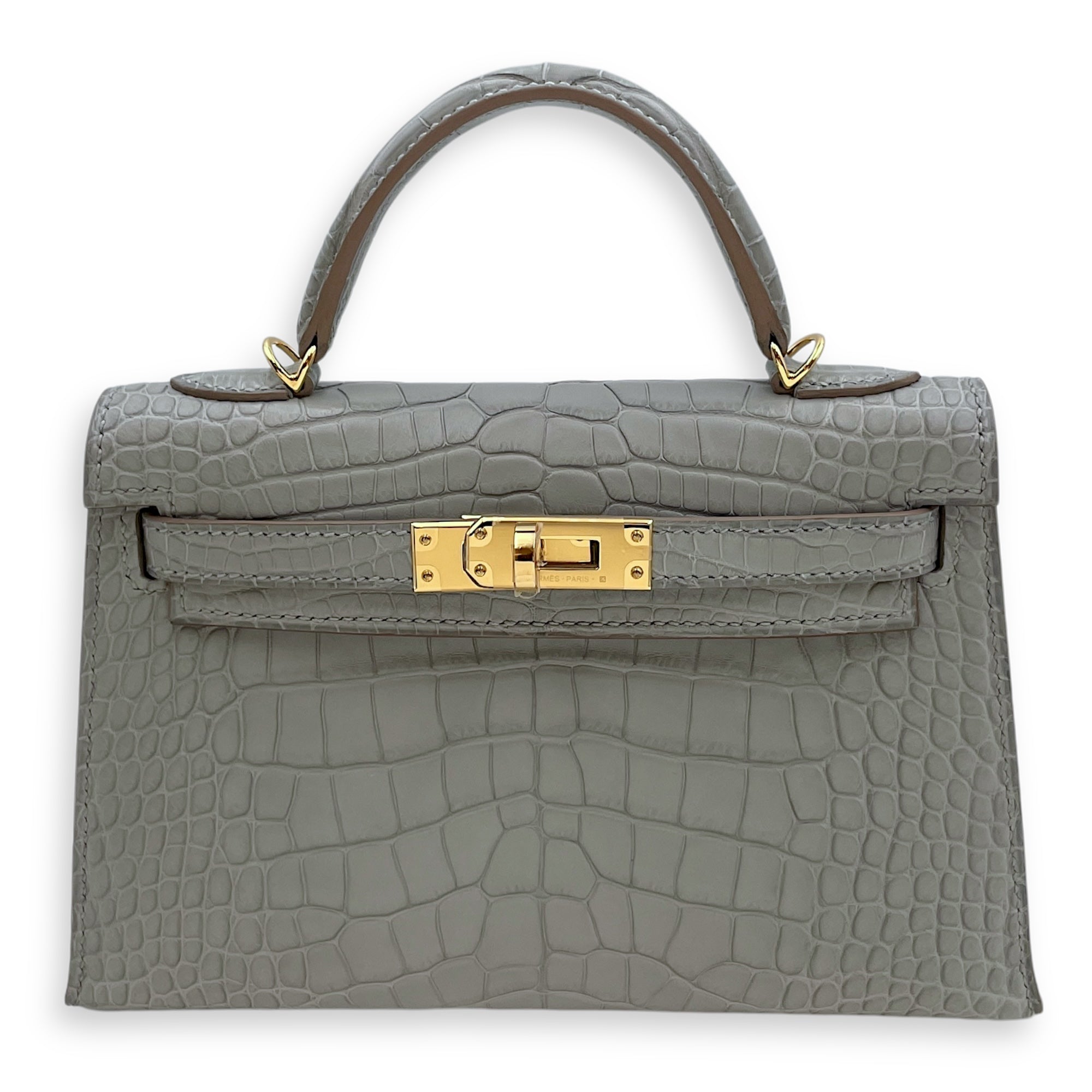 Sellier Kelly 20 Gris Perle in Matte Alligator, Gold hardware
