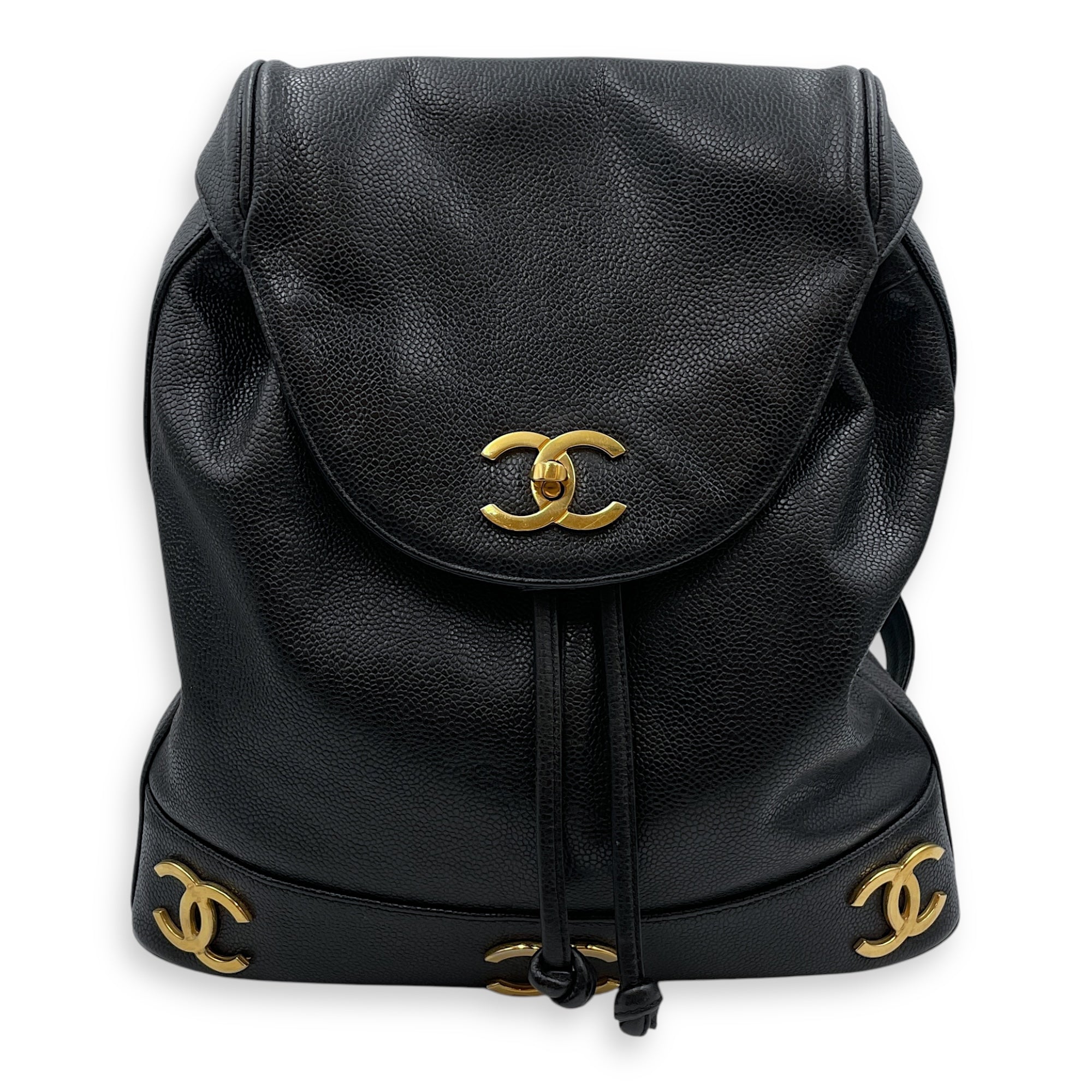 Vintage Large Black Backpack in Caviar Leather, Gold hardware